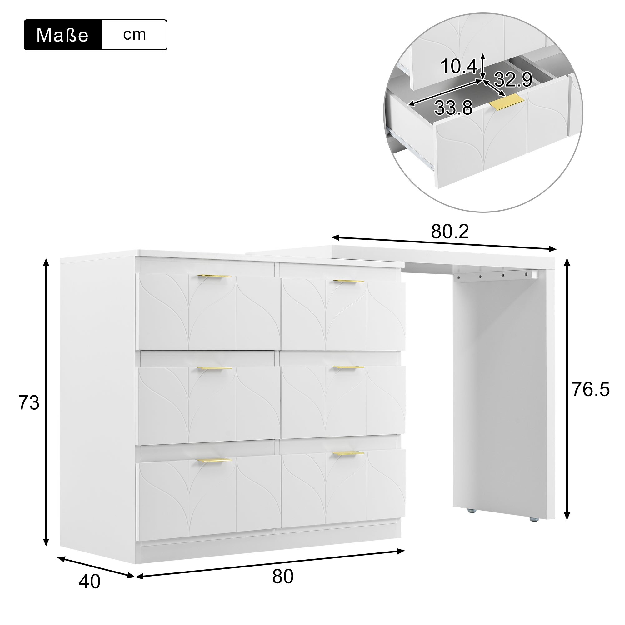 Toilette con tavolino - 6 cassetti e piano girevole a 180° - Legno MDF - Bianco - Senza specchio - 7