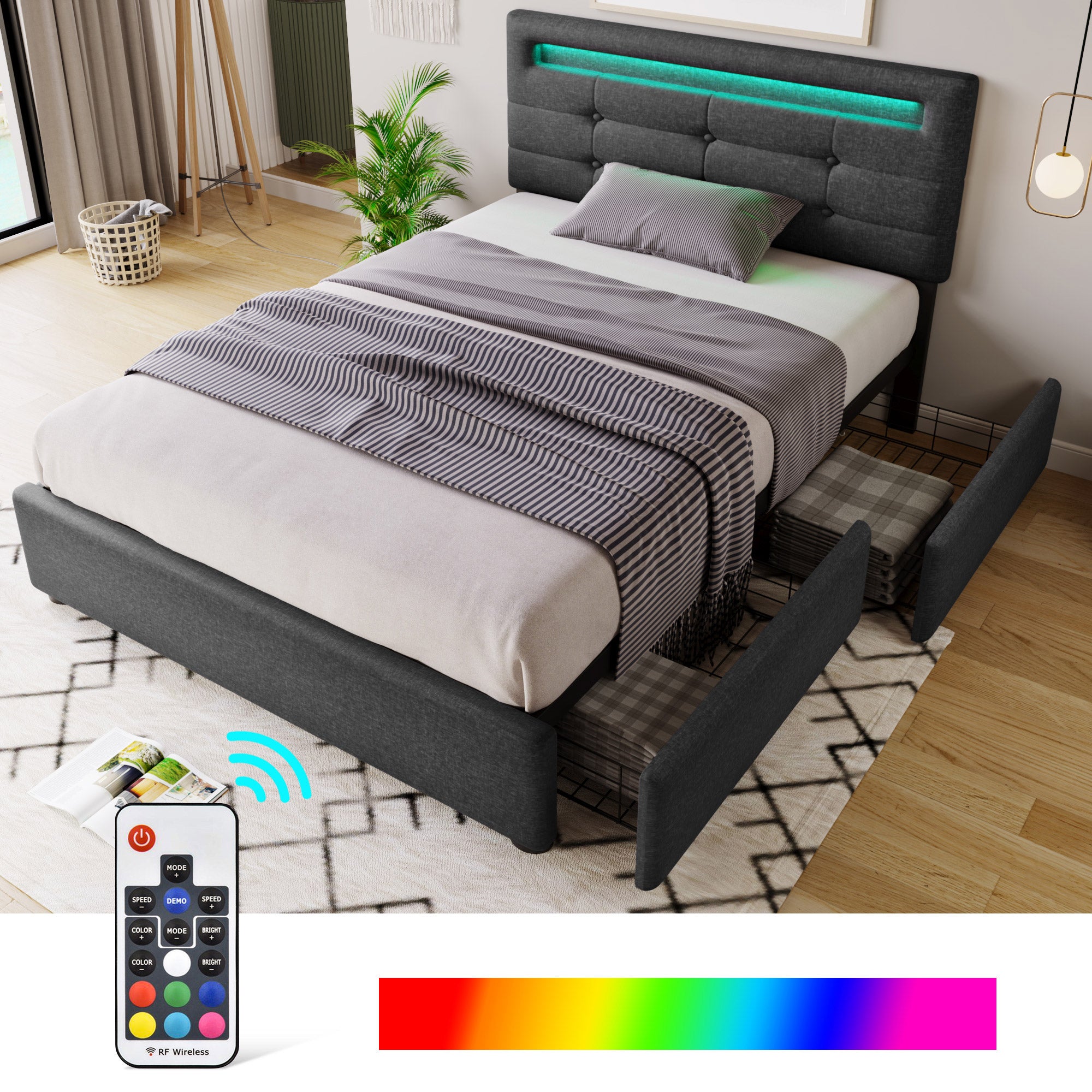 Łóżko 90 x 200 cm - tkanina lniana - diody LED - szare