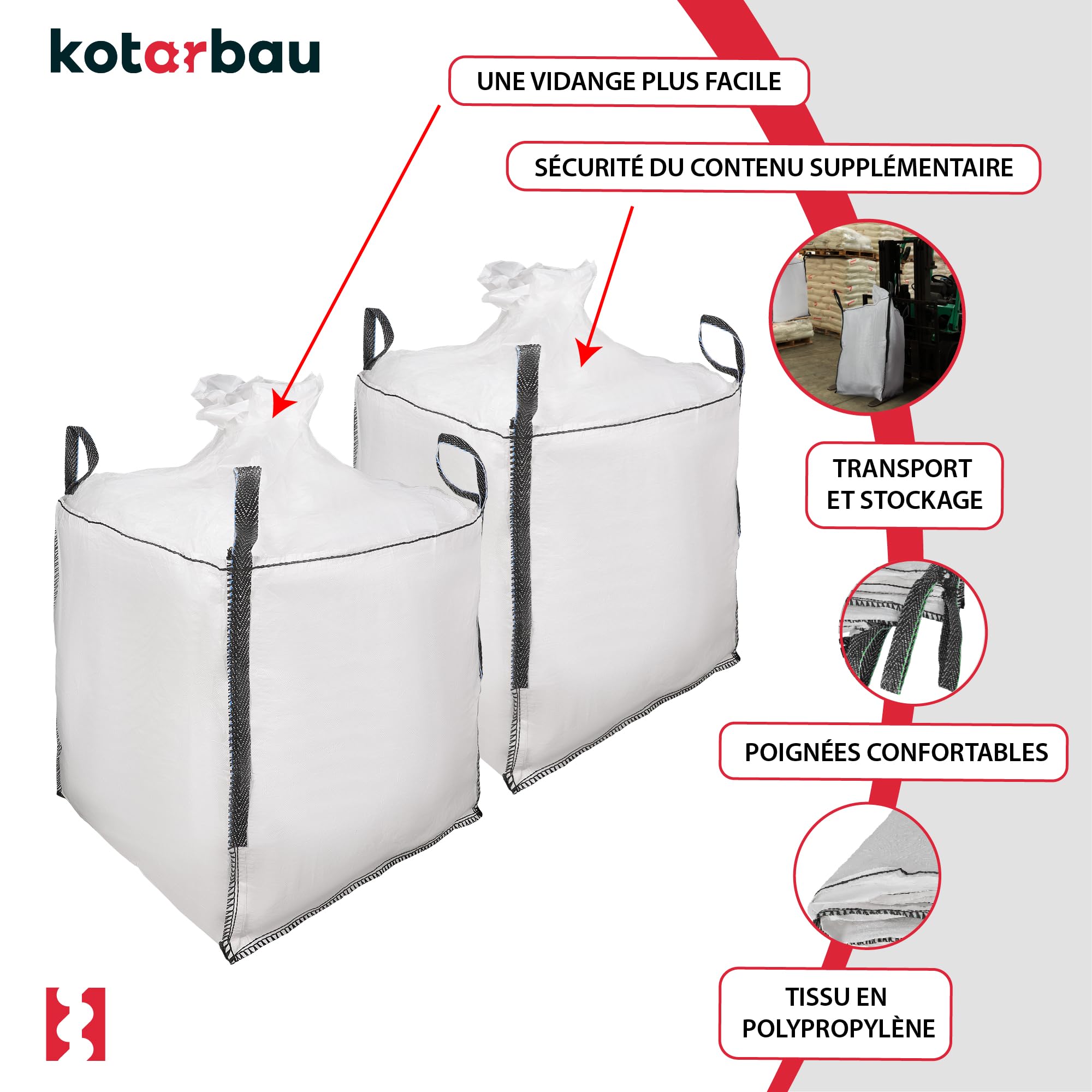 Sac Big Bag Vide, Sac Gravat Chantier 90x90x90 cm 500 kg avec trémie de vidange et goulotte 2 pièces - KOTARBAU - 5
