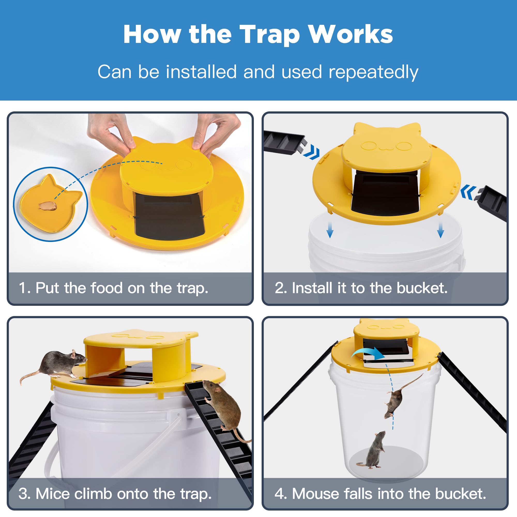 Lot de 3 pièges à rats en forme de seau, piège à rats automatique, piège à rats à couvercle rabattable, convient aux seaux de 5 gallons - 4