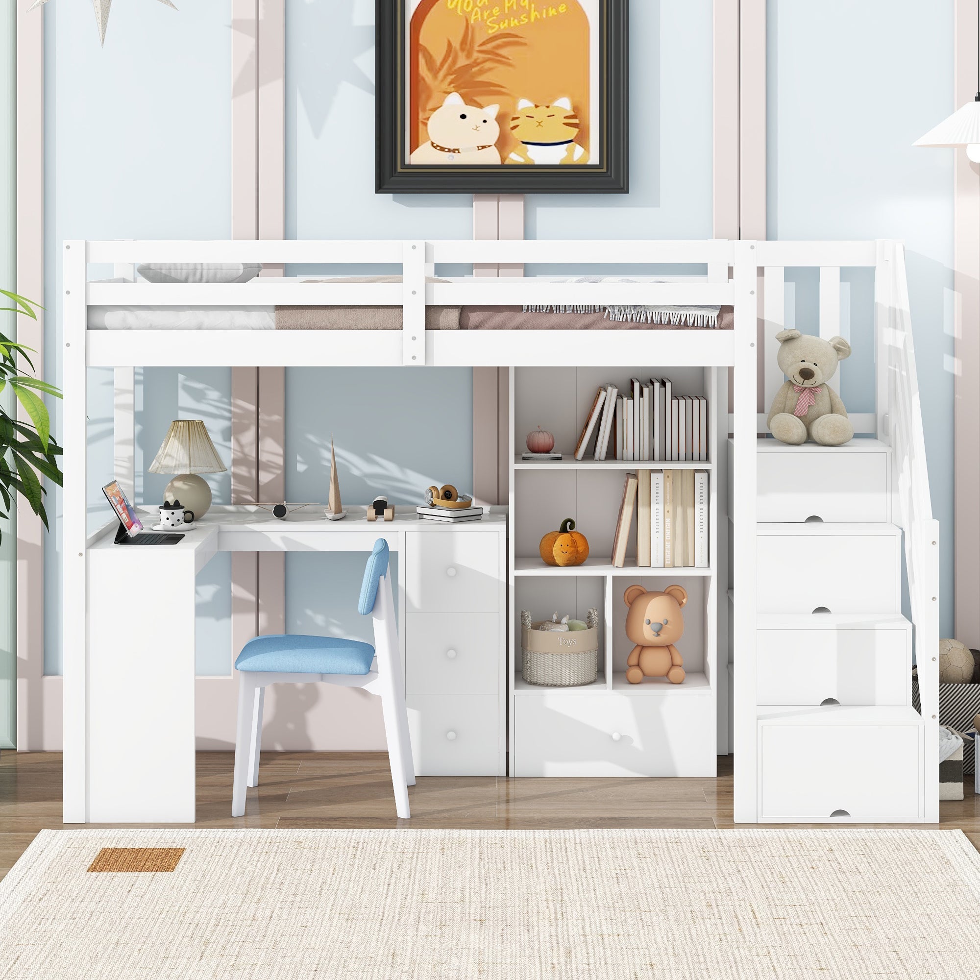 Letto a soppalco, 90x200 cm, senza materasso, ringhiera, scrivania, cassetti, mobile contenitore aperto, bianco - 6