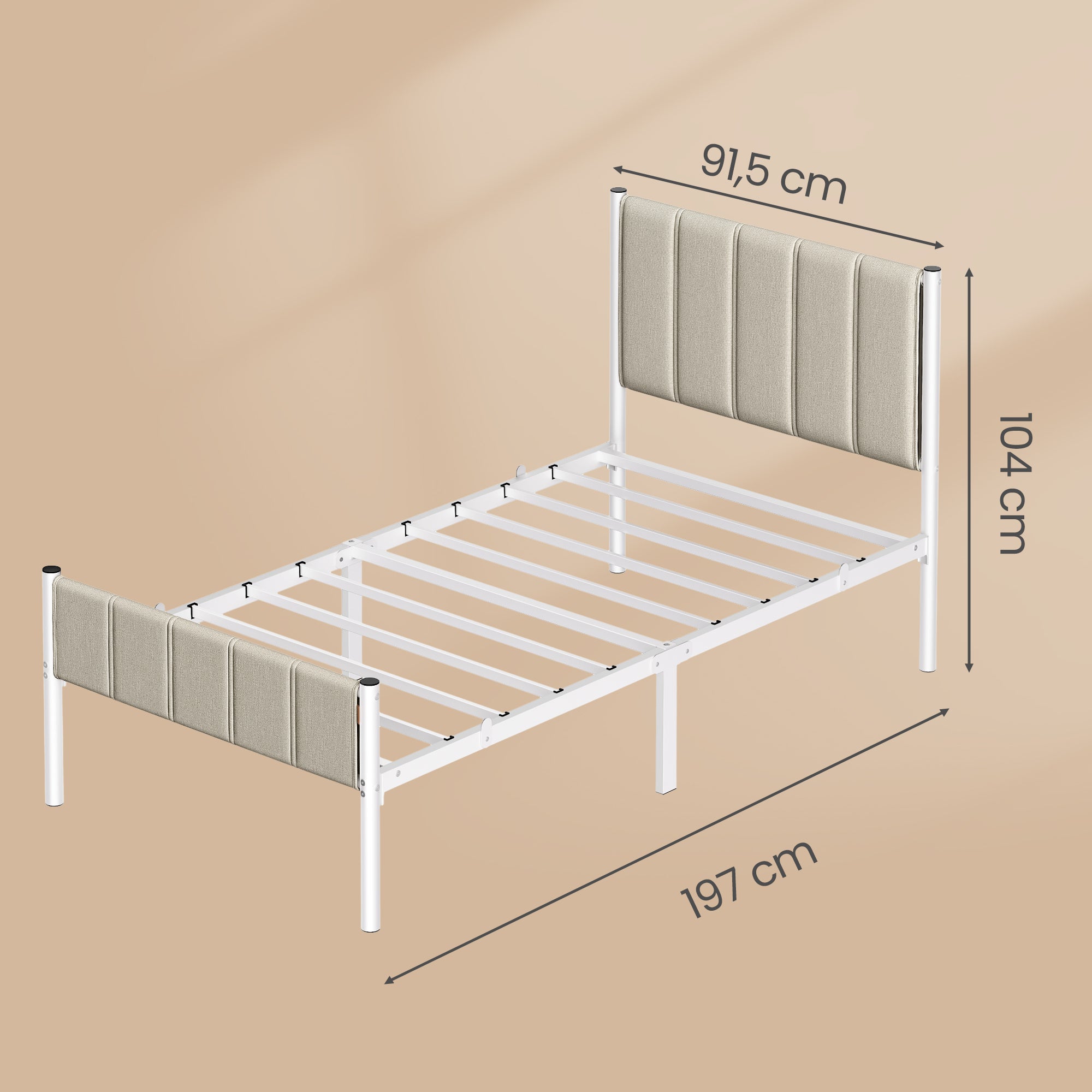 Lit Simple avec Structure en Acier, 90 x 190 cm, Chambre, Tête de Lit Capitonnée, Montage Rapide, Beige - 5