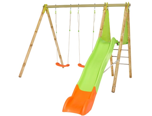 Aire de jeux ARROBA en bois et métal – Portique 2 balançoires, plateforme et toboggan de 2,63 m