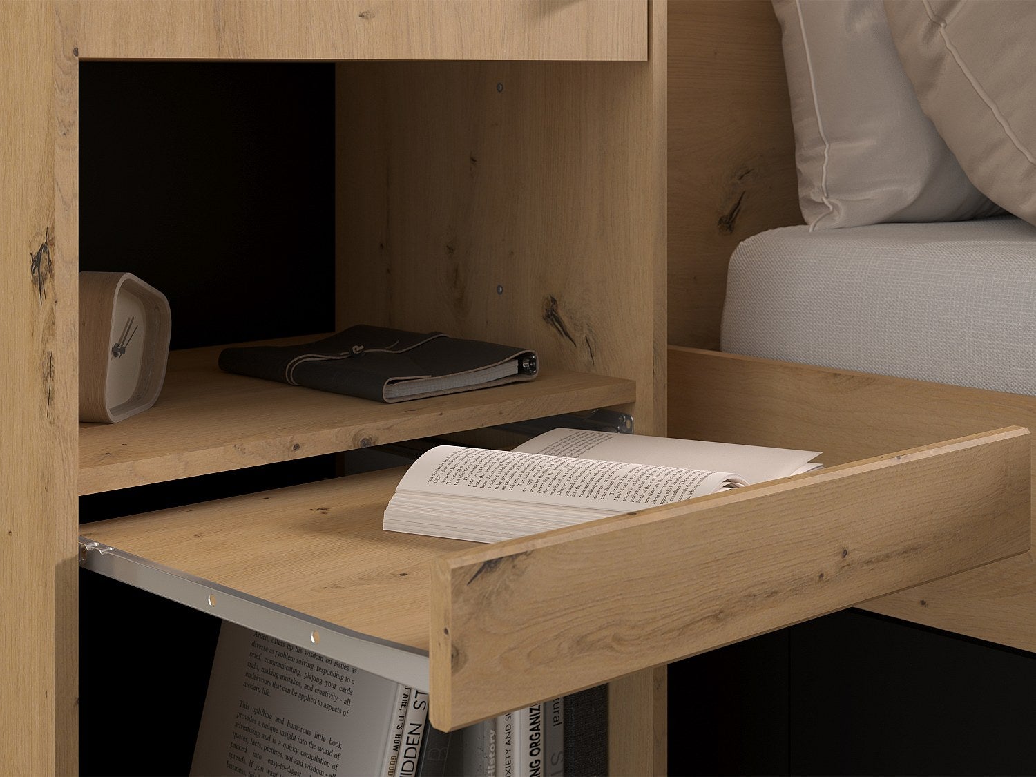 Pont de lit avec rangements et LEDs - L269 cm - Coloris : Naturel et noir - VARLY - 8