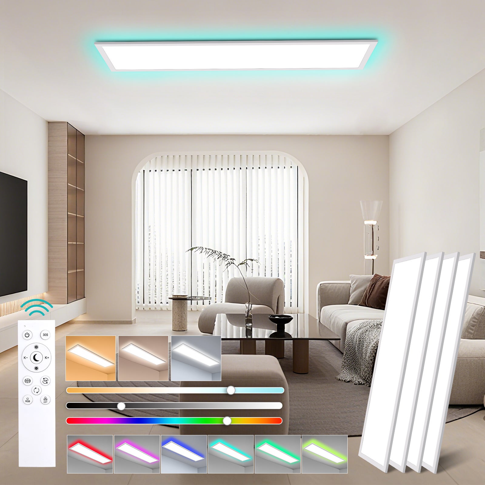 LOVHAUS 4PCS Lampa Sufitowa LED 36W Biała 120x30 cm, Panel LED Sufitowy Prostokątny Ściemniający RGB do Salonu, Biura, Kuchni Wewnętrznej z Pilotem