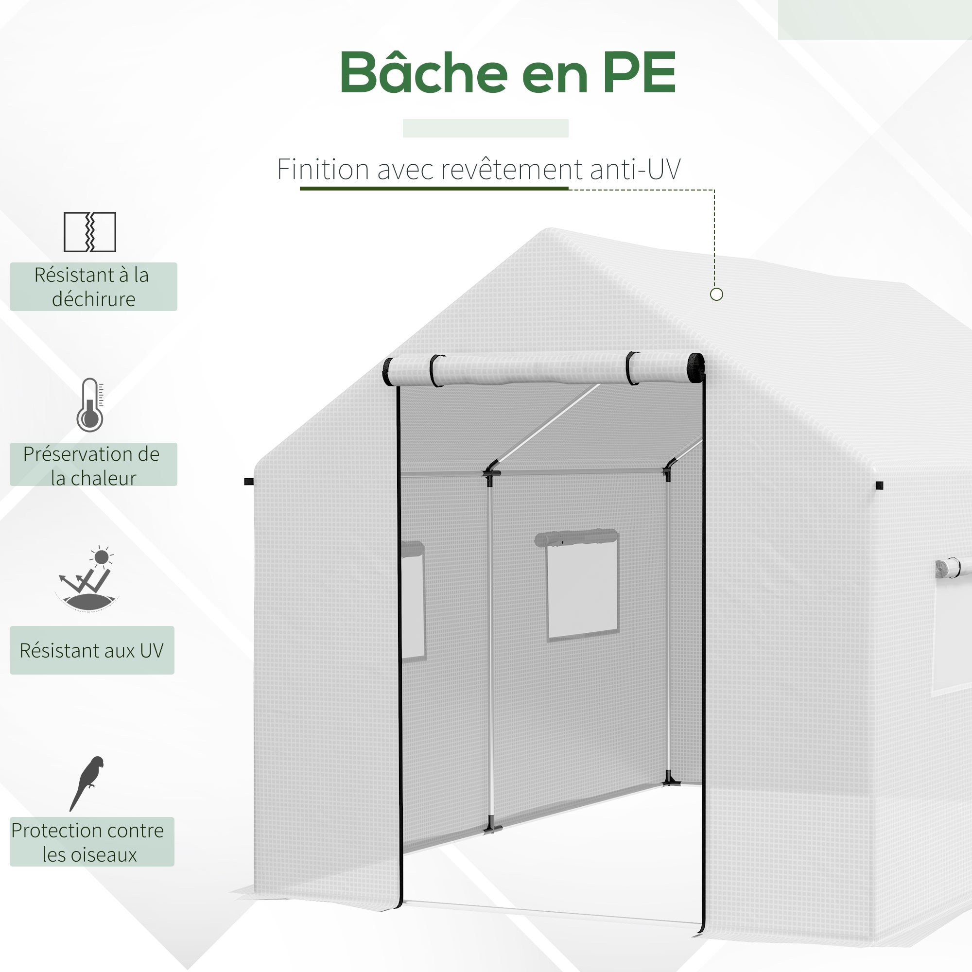 Serre de jardin tunnel 2x3m,6m² avec porte enroulable,4 fenêtres,- Acier galvanisé PE Haute densité Blanc - 6