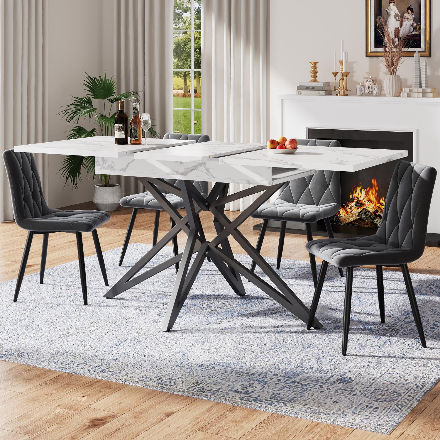 Table à Manger Rectangulaire 117x68x75cm - Plateau Imitation Marbre, Pieds Métal Noir - Design Moderne
