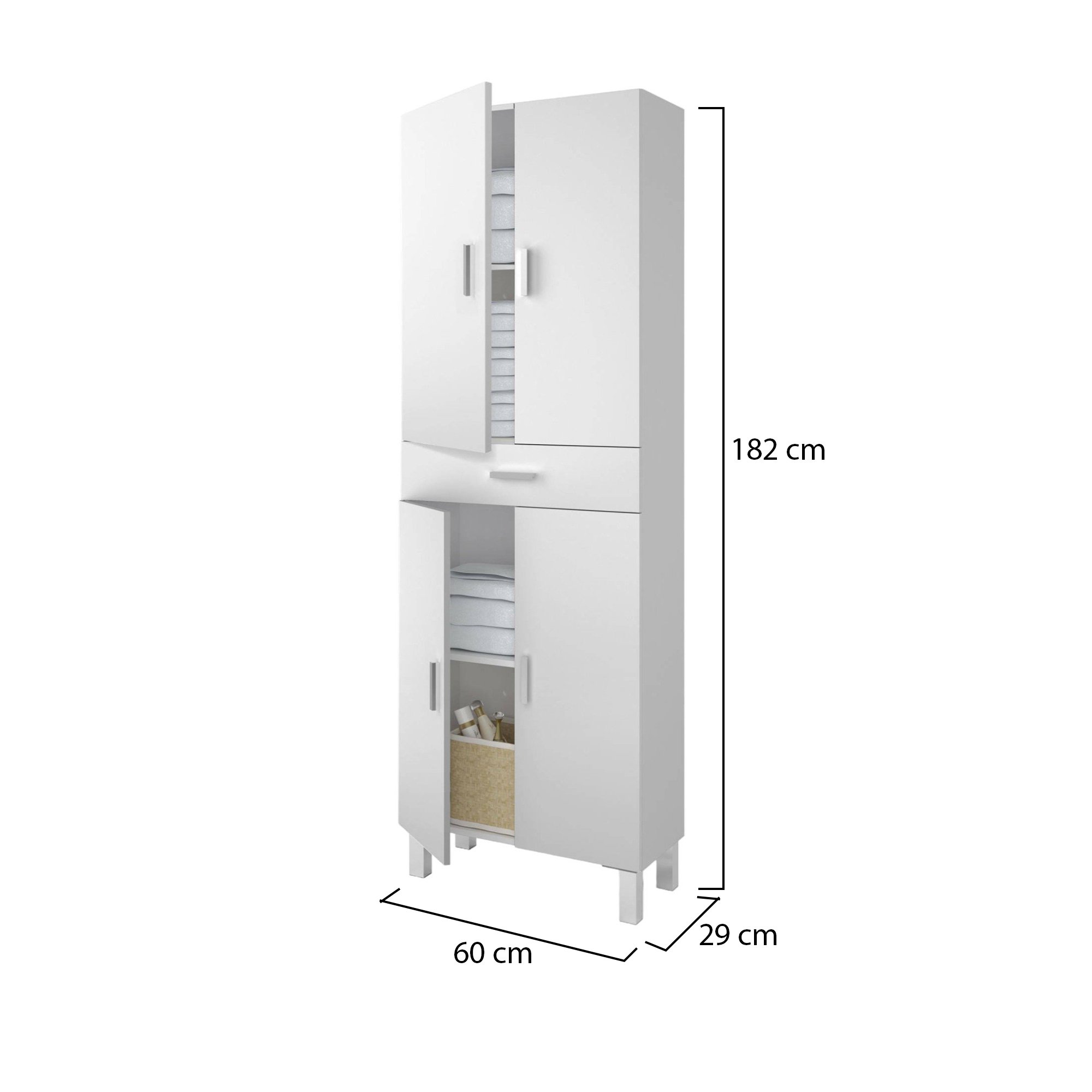 Meuble de salle de bain avec quatre portes et un tiroir, couleur blanc brillant, Dimensions 60 x 182 x 29 cm - 9