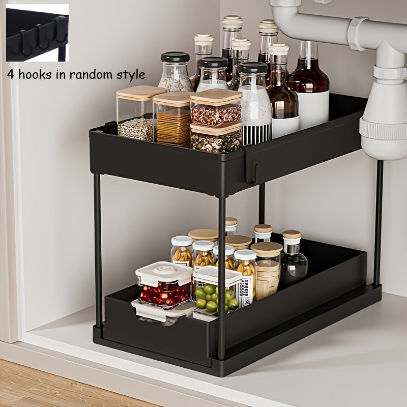 Organiseur sous évier à 2 niveaux avec tiroir coulissant et crochets, rangement de cuisine en plastique, organiseur d'armoire, organiseur sous évier - 4
