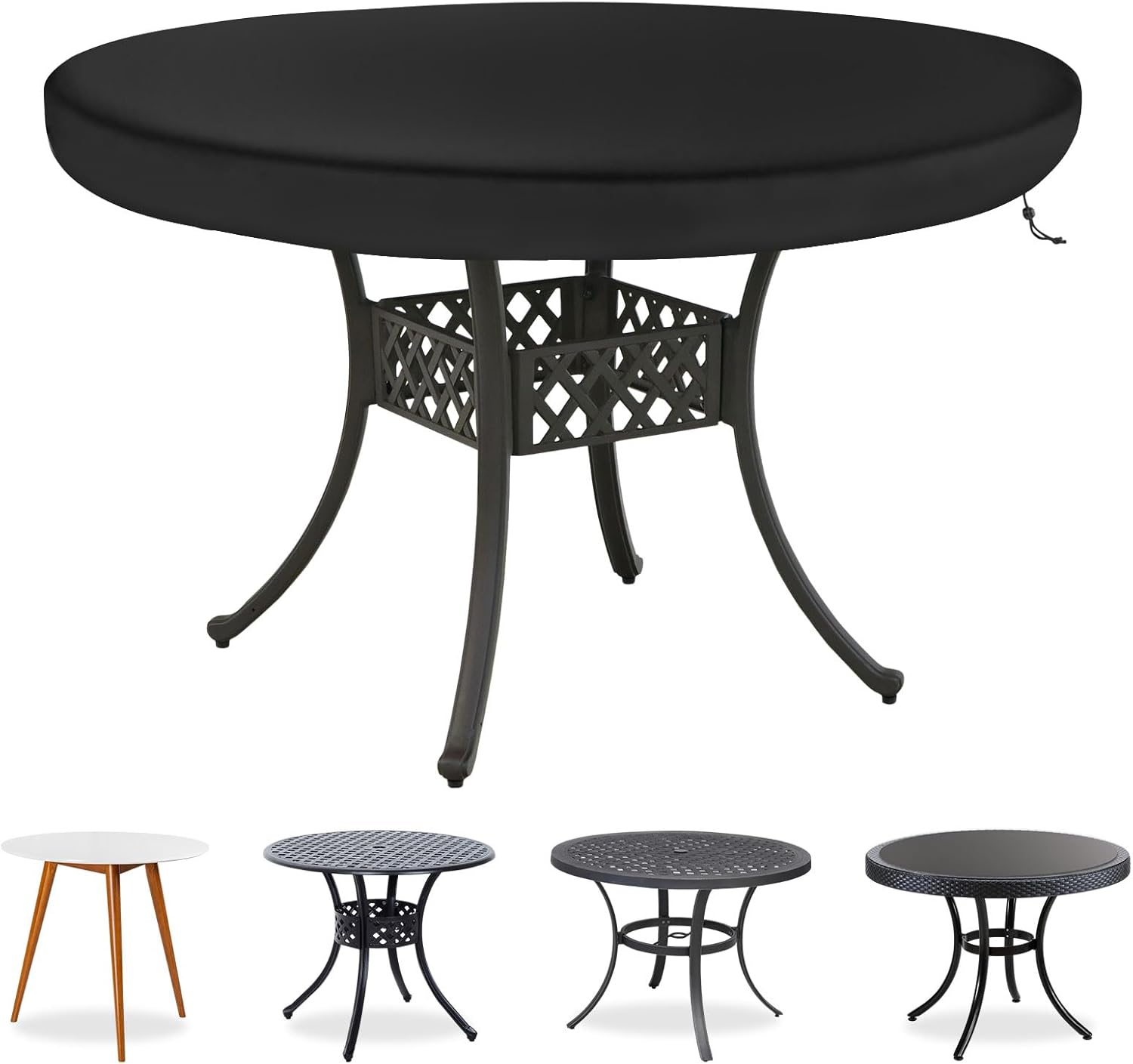 (Czarny, Ø112x10cm) Pokrowiec na stół ogrodowy, wodoodporna tkanina Oxford do mebli ogrodowych, plandeka ochronna do mebli ogrodowych z liną i ochron