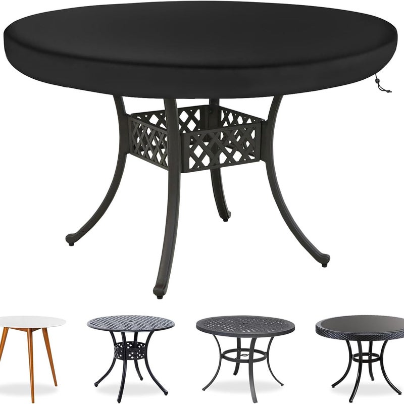 (Czarny, Ø112x10cm) Pokrowiec na stół ogrodowy, wodoodporna tkanina Oxford do mebli ogrodowych, plandeka ochronna do mebli ogrodowych z liną i ochron