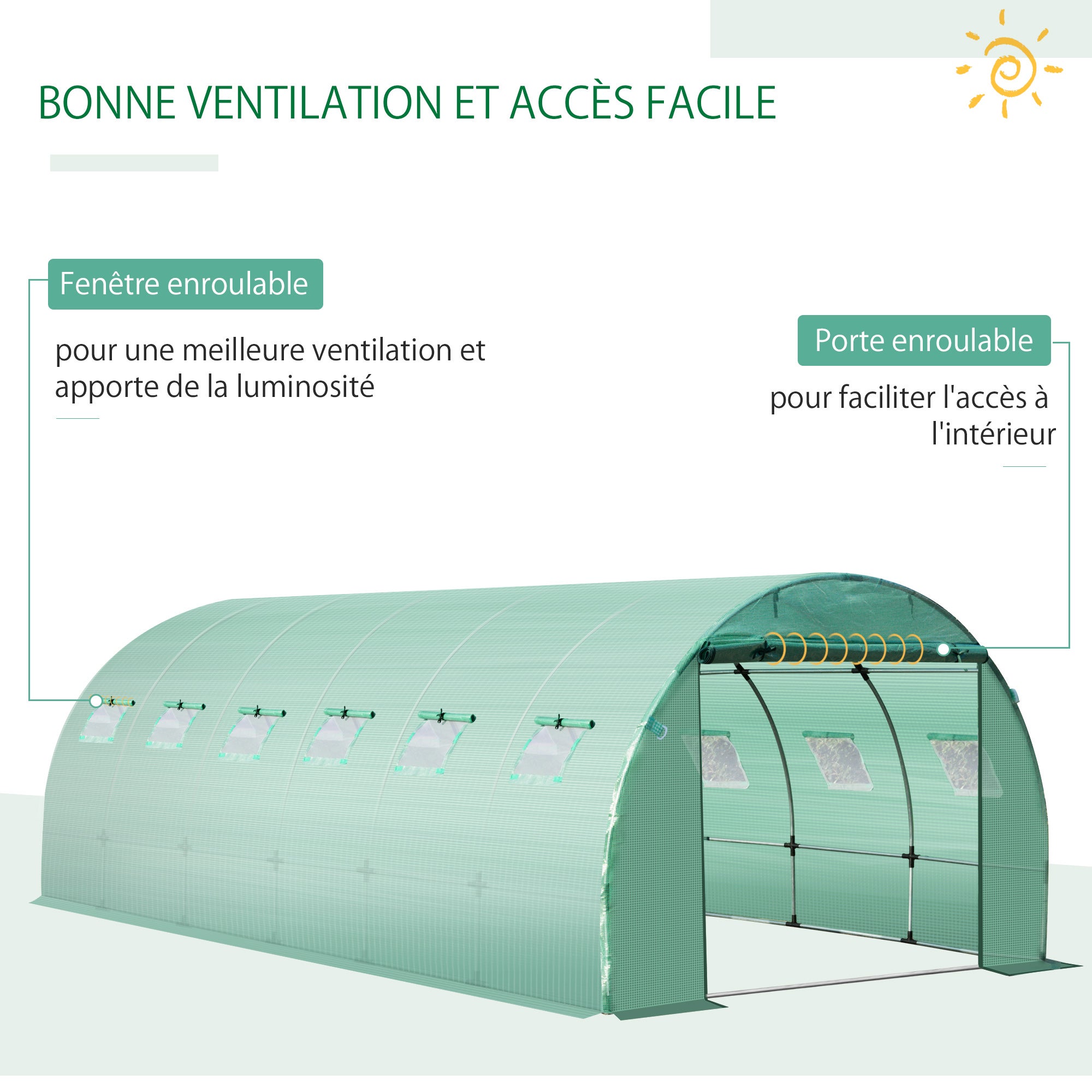 Bâche de Rechange Serre Tunnel 18 m², bâche 6 x 3 x 2 m PE Anti-UV imperméable 12 fenêtres + Porte Enroulable zippée vert - 7