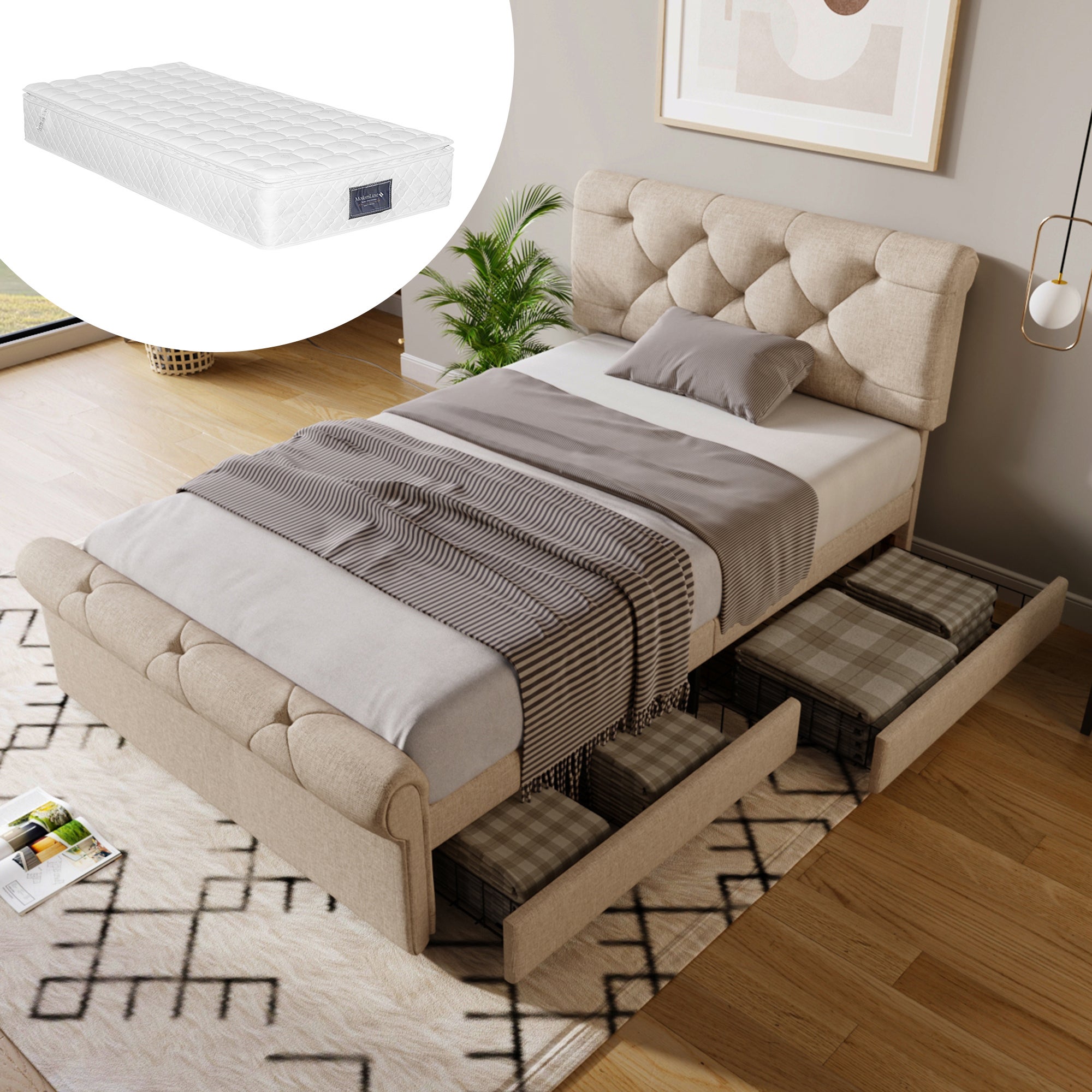 Lit Enfant 90x200 Cm Avec Tiroirs Et Banc Rangement - Bois Blanc Et Chêne, Sommier à Lattes Inclus