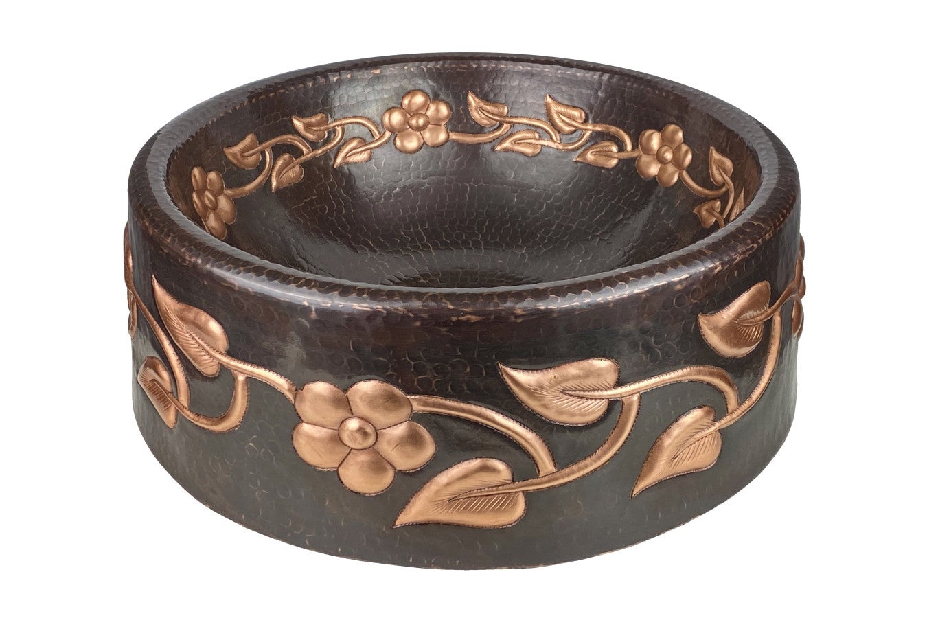 Miedziana umywalka nablatowa z Meksyku Plantas Flores – Okrągła umywalka łazienkowa z ręcznie kutej miedzi 43x18 cm | Unikatowa miedziana umywalka