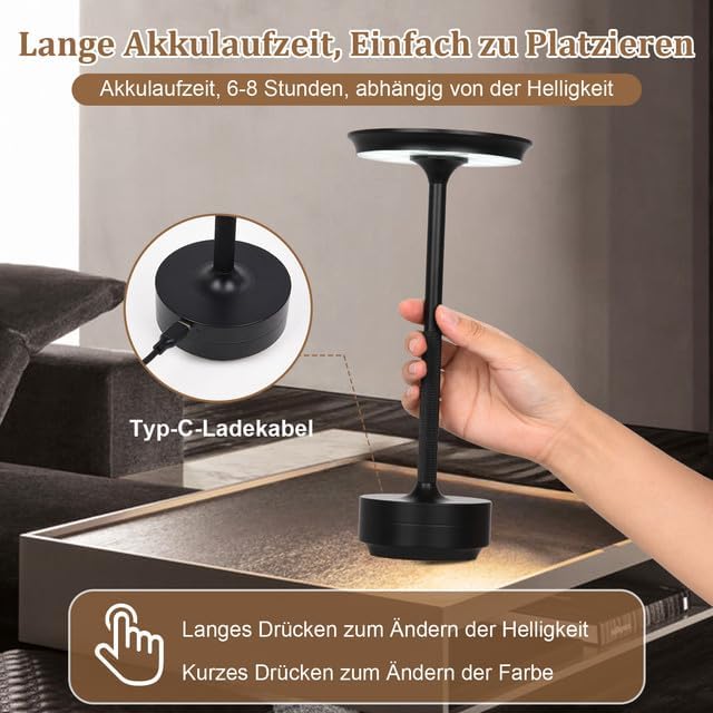 Bezprzewodowa lampa stołowa LED, akumulatorowa lampa stołowa z 3 temperaturami barwowymi, oświetlenie wewnętrzne/zewnętrzne, kolor czarny - 2