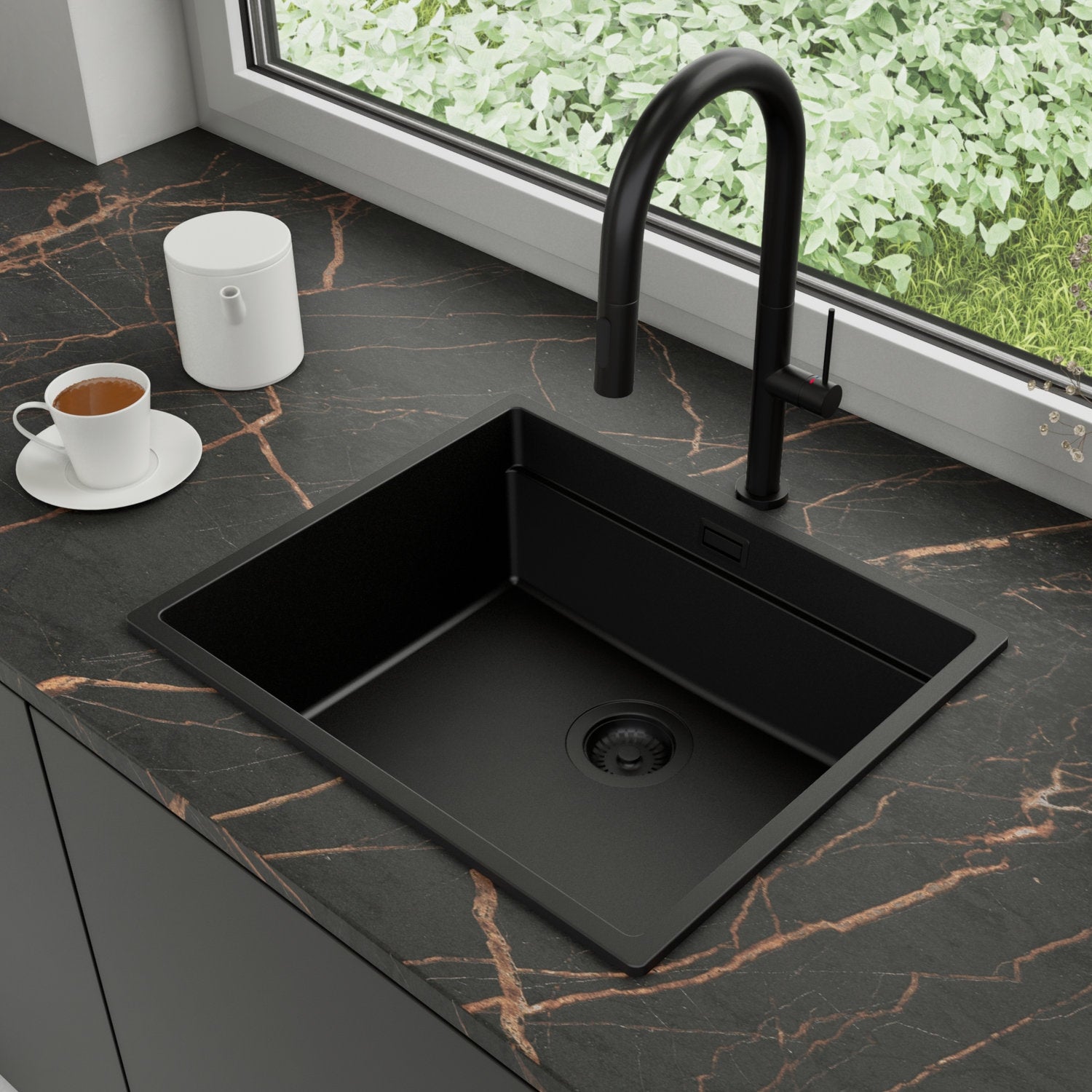 Zlewozmywak Granitowy 56x47cm, do szafki od 60cm + Bateria + Syfon - Coral Cały Czarny STONESTYLE
