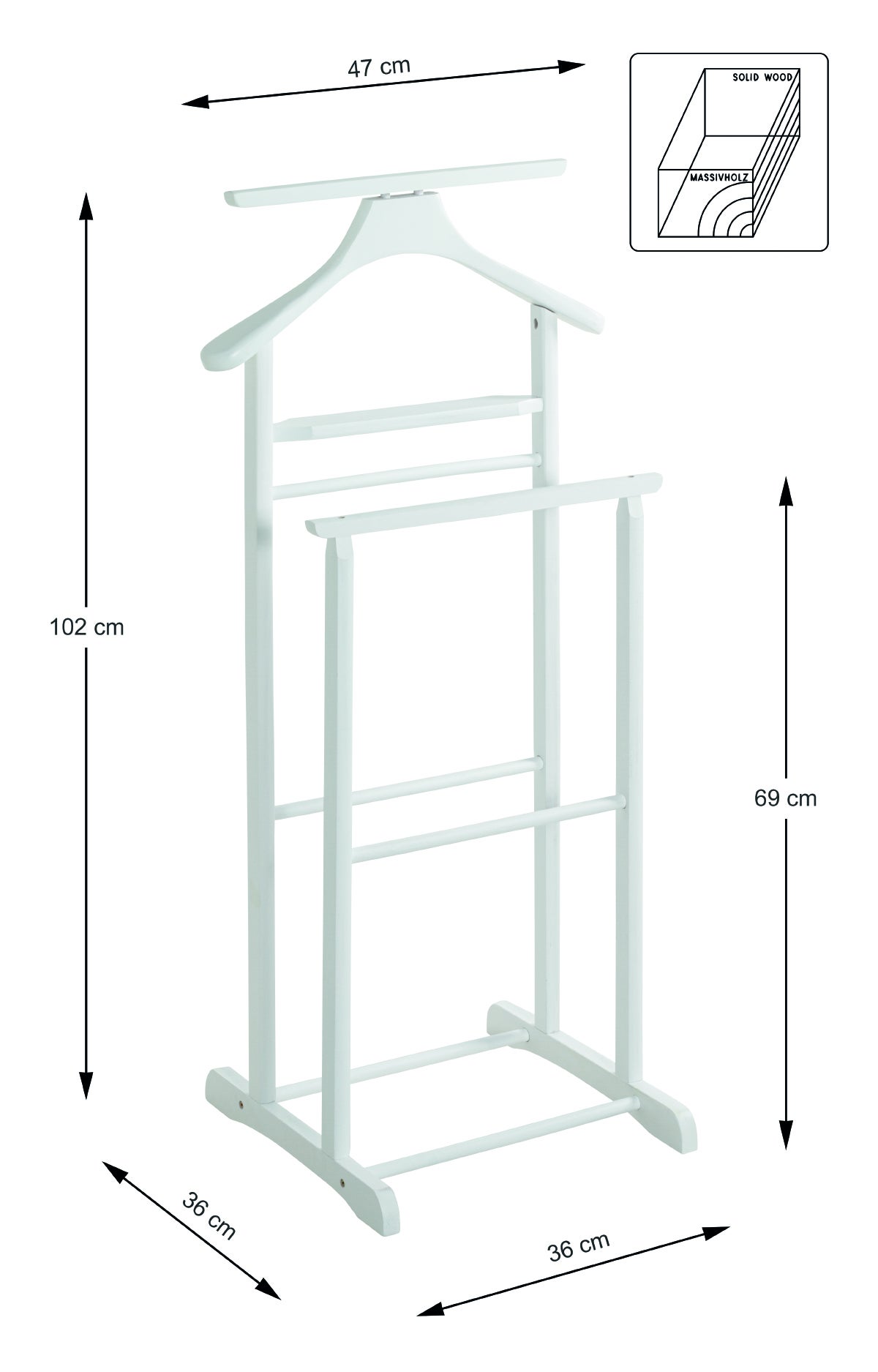 Valet de nuit double, valet de chambre en bois massif hévéa coloris blanc - longueur 47 x profondeur 36 x hauteur 102 cm - 2