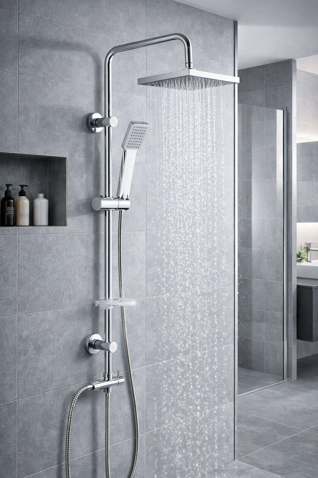 Colonne de douche sans mitigeur de couleur chrome, modèle carré Damast Nature 18186 - Chromé - 4