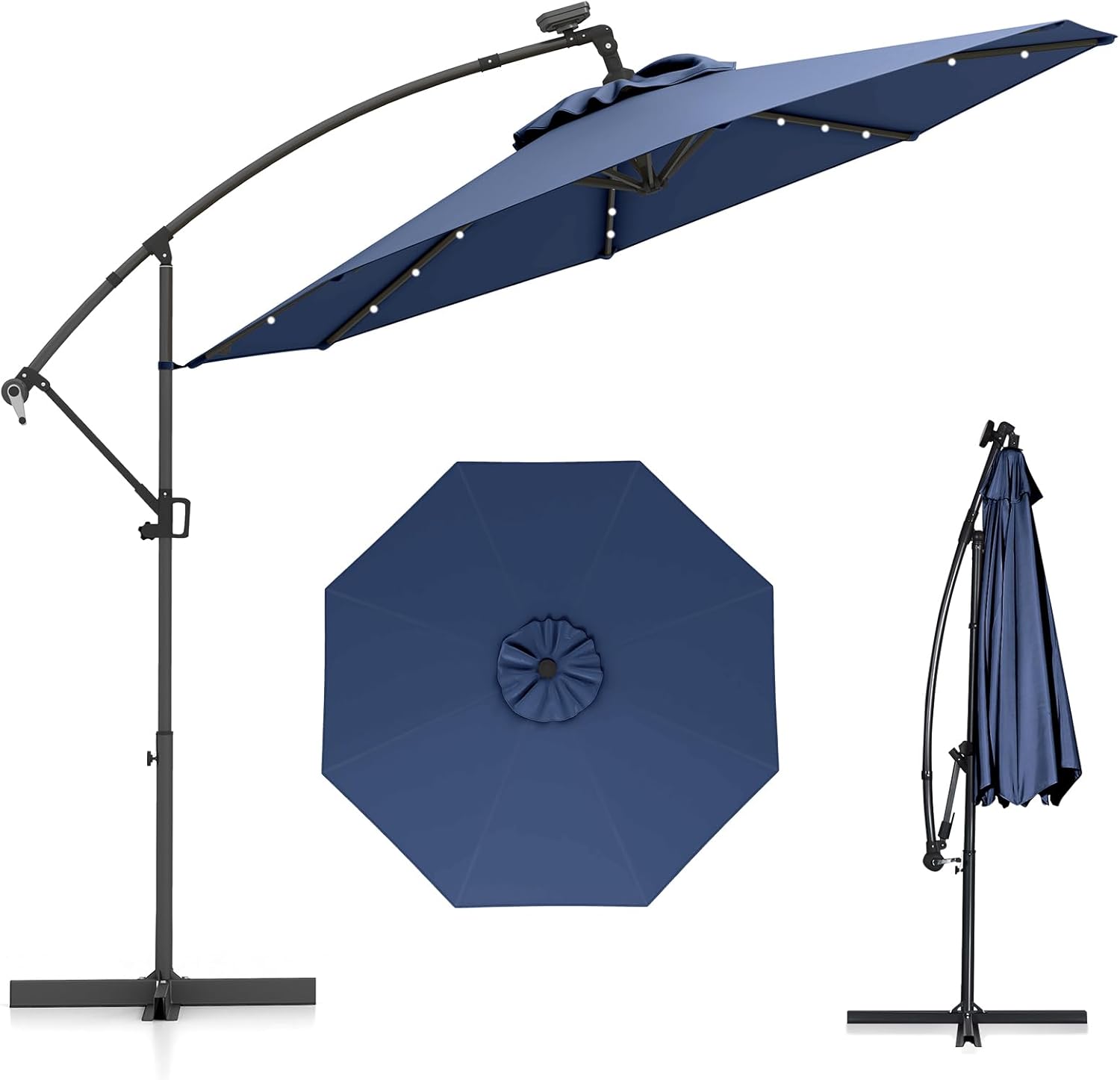 Parasol przeciwsłoneczny, 300 cm, z 32 solarnymi diodami LED i korbą, parasol ogrodowy, parasol na taras, do ogrodu, na basen, taras, morski, 300 cm