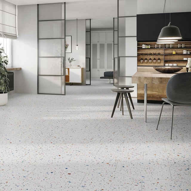 Carrelage sol Hexagonal Terrazzo Bolzano blanc 56x48,5 cm - Réflex Boutique