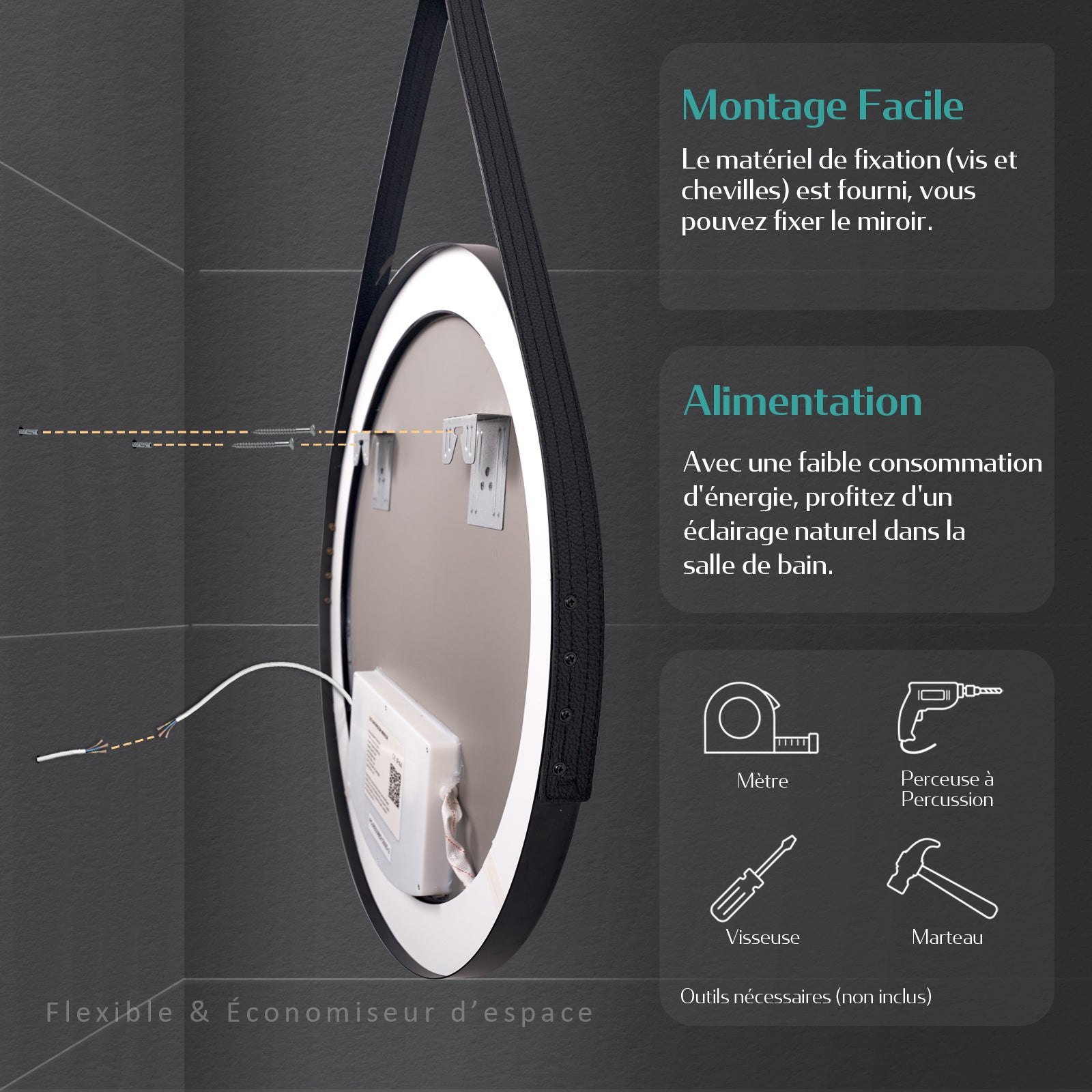 EMKE Miroir lumineux salle de bain rond diamètre 80cm cadre noir, Sangle réglable, Miroir LED avec Interrupteur Tactile, 3 couleurs de Lumières - 7