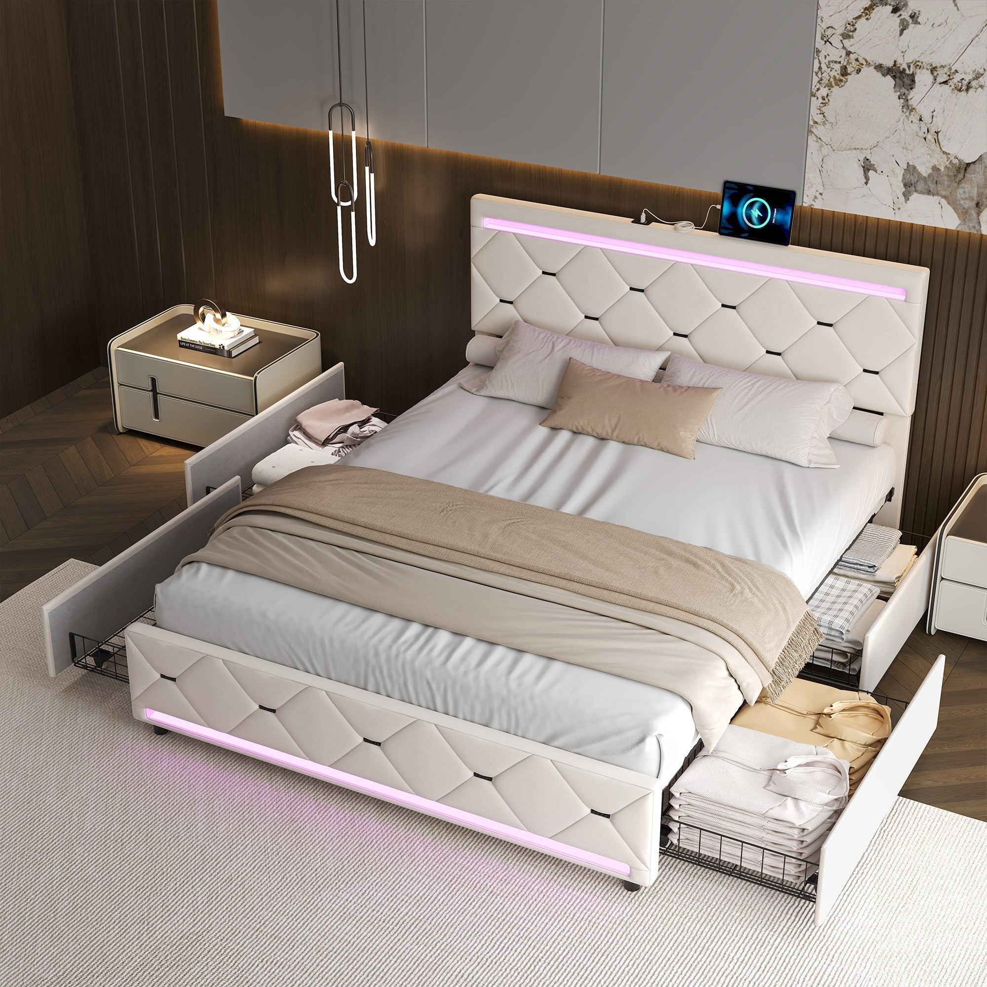 Lit 140x190cm - 4 Tiroirs avec Sommier et Tête LED & USB - Design ...