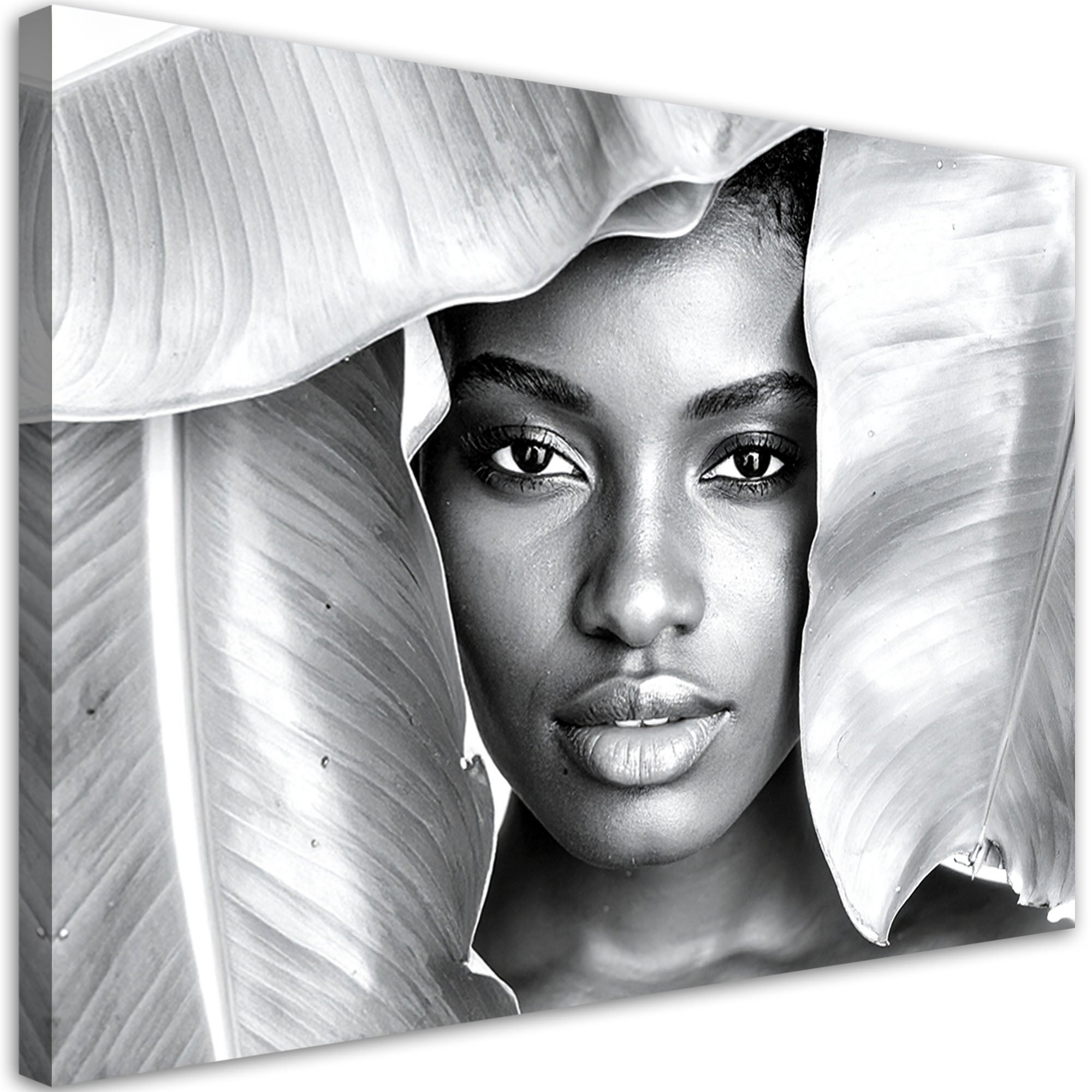 Obraz czarno biały do salonu sypialni, Portret Kobiety i srebrne liście 90x60