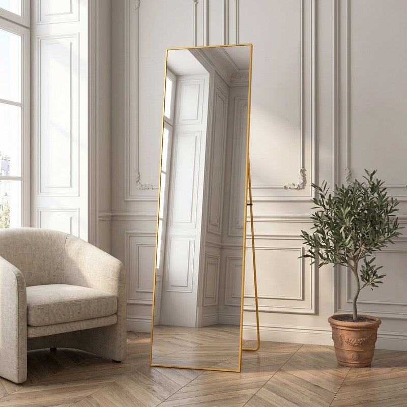 Miroir sur pied - Miroir chambre - Miroir rectangulaire - 140x40 cm - Verre trempé - Cadre en alliage d'aluminium - Doré - 2