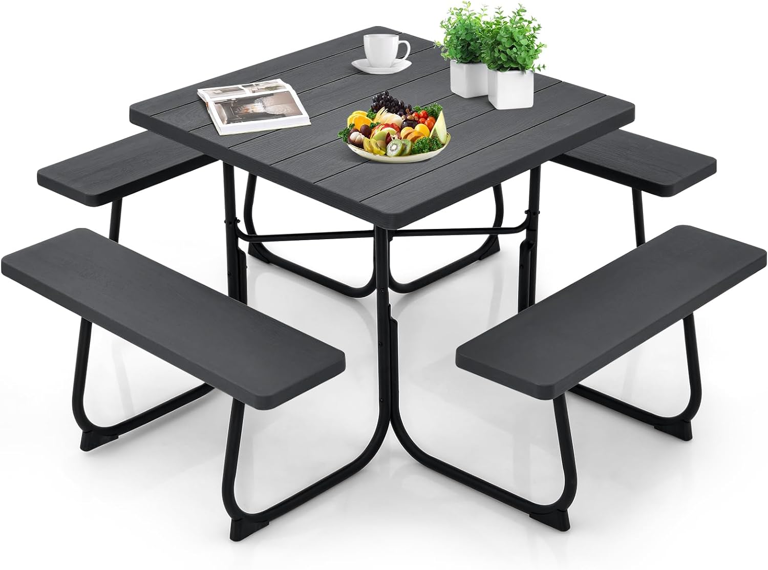 Stół Piknikowy z 4 Wbudowanymi Ławkami dla 4 do 8 Osób, Stół Ogrodowy z HDPE z Otworem na Parasol, Nośność 225 kg (Czarny)