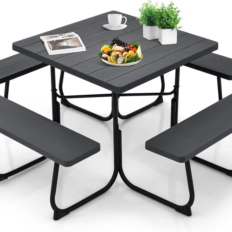 Stół Piknikowy z 4 Wbudowanymi Ławkami dla 4 do 8 Osób, Stół Ogrodowy z HDPE z Otworem na Parasol, Nośność 225 kg (Czarny)
