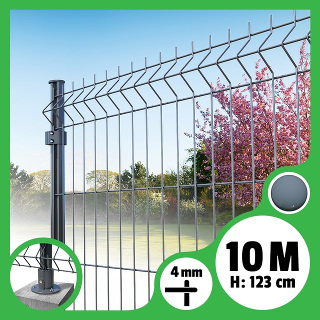 Kit grillage rigide poteaux ronds - longueur 10 mètres - 123 cm, Gris Anthracite, A visser ( platines fournies )