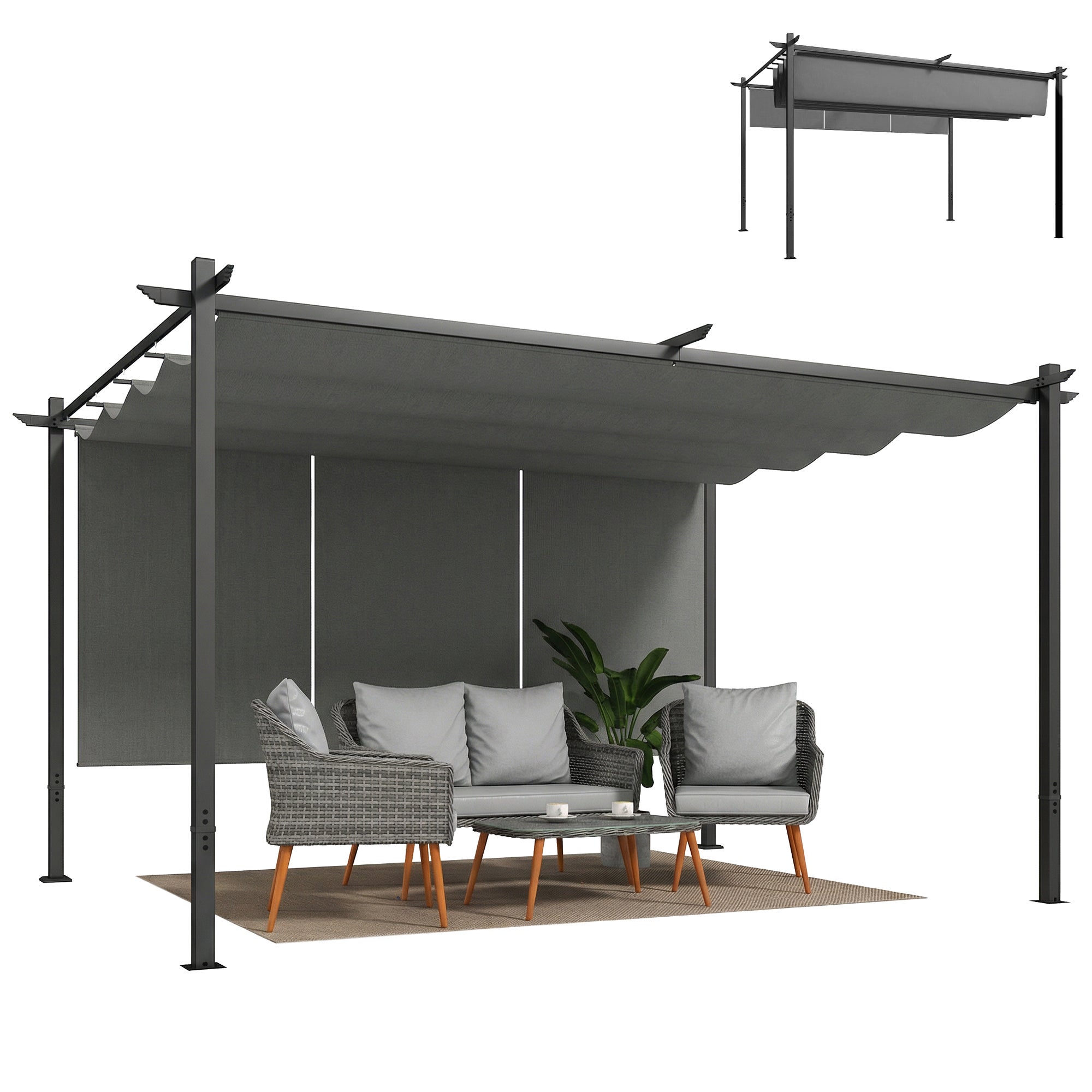 Pérgola 390x293cm Techo Retráctil UV30+ Laterales Enrollables Jardín ...