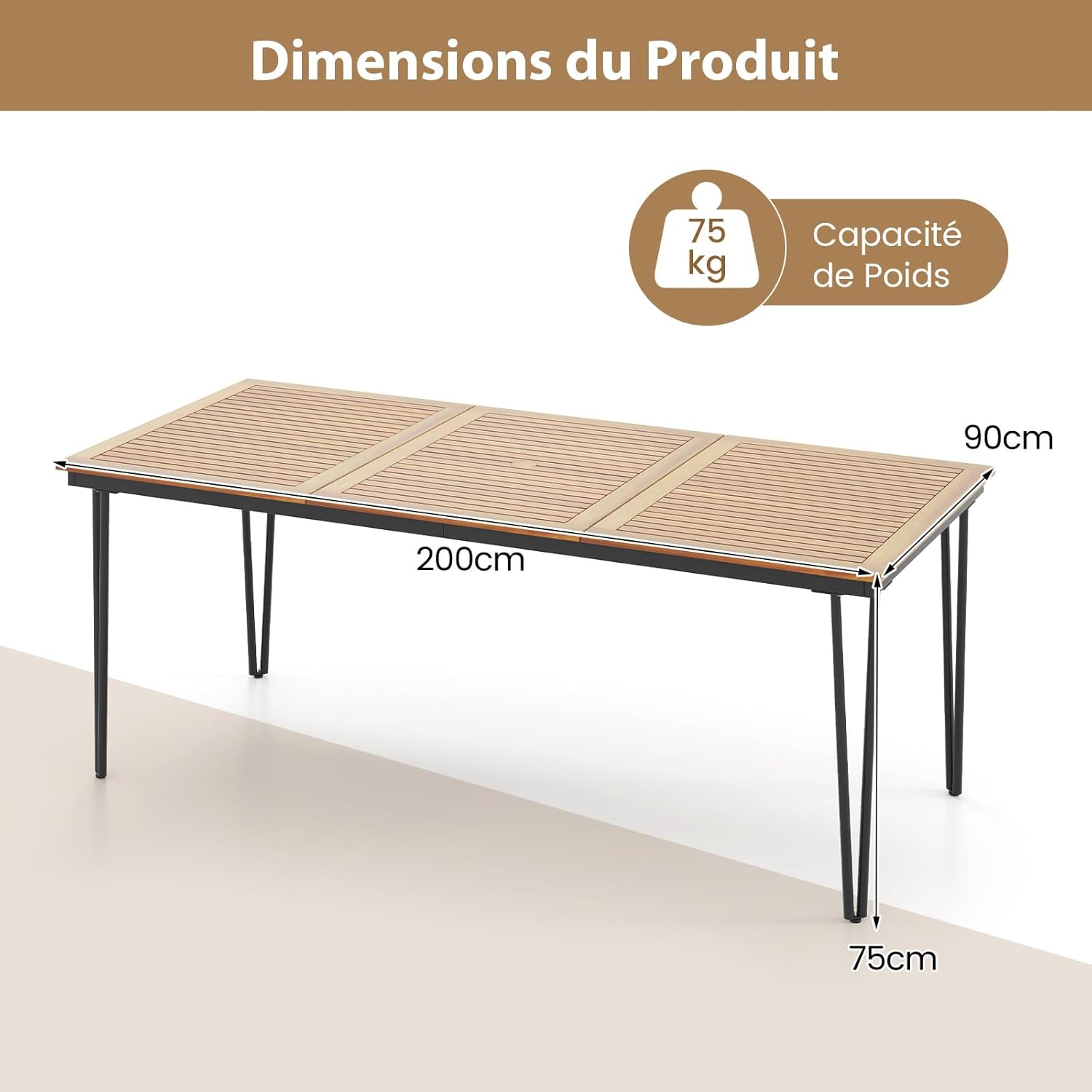 Table à Manger Extérieur en Bois d'Acacia-Certifié FSC pour 8 Personnes, Table de Jardin 200 x 90 cm Design Latte avec Trou φ5 cm pour Parasol - 4