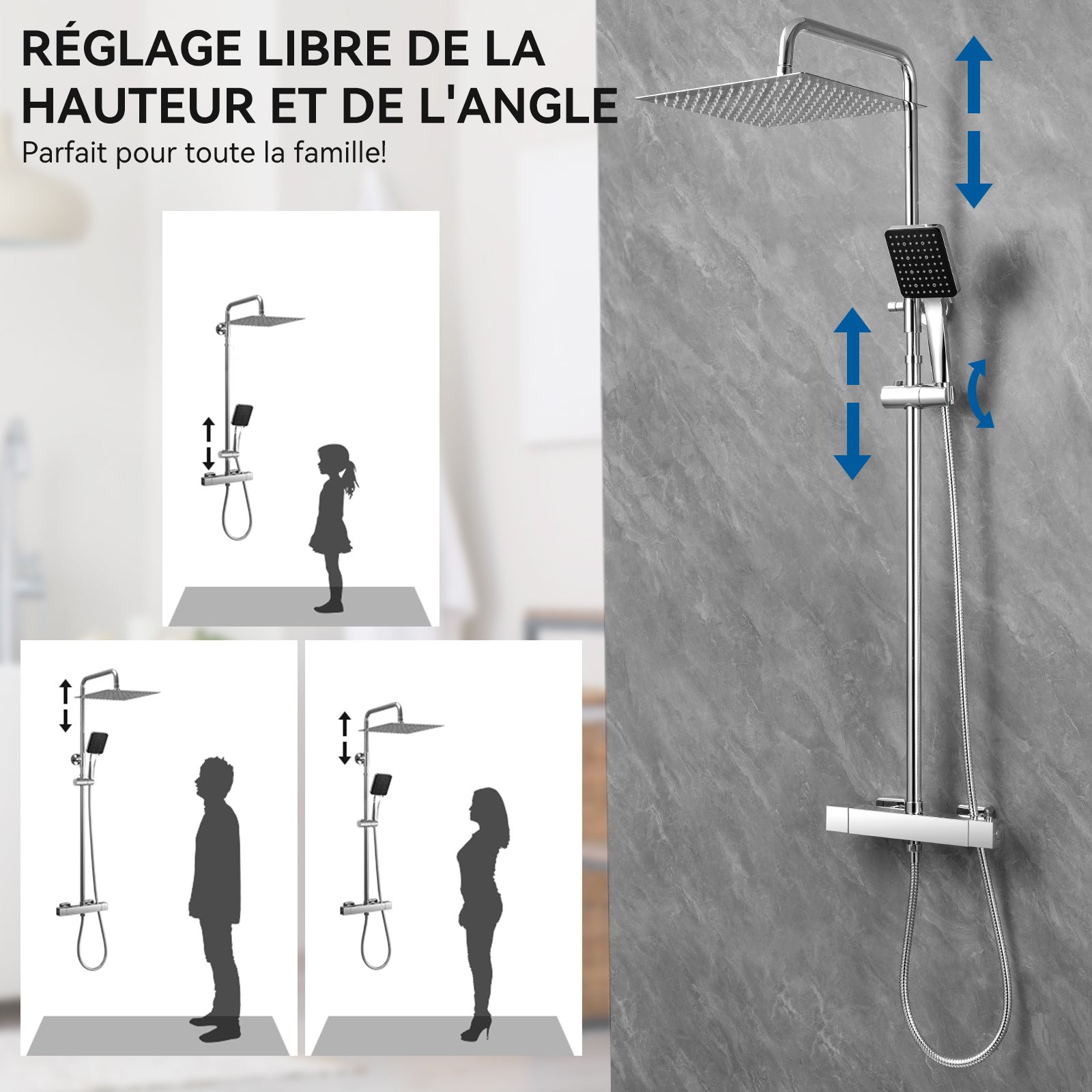 Colonne de Douche Thermostatique,avec tête de douche 30*30CM,Pommeau Douche 6 Jets,Réglable en Hauteur,Douche Set avec Mitigeur,chromé - 9
