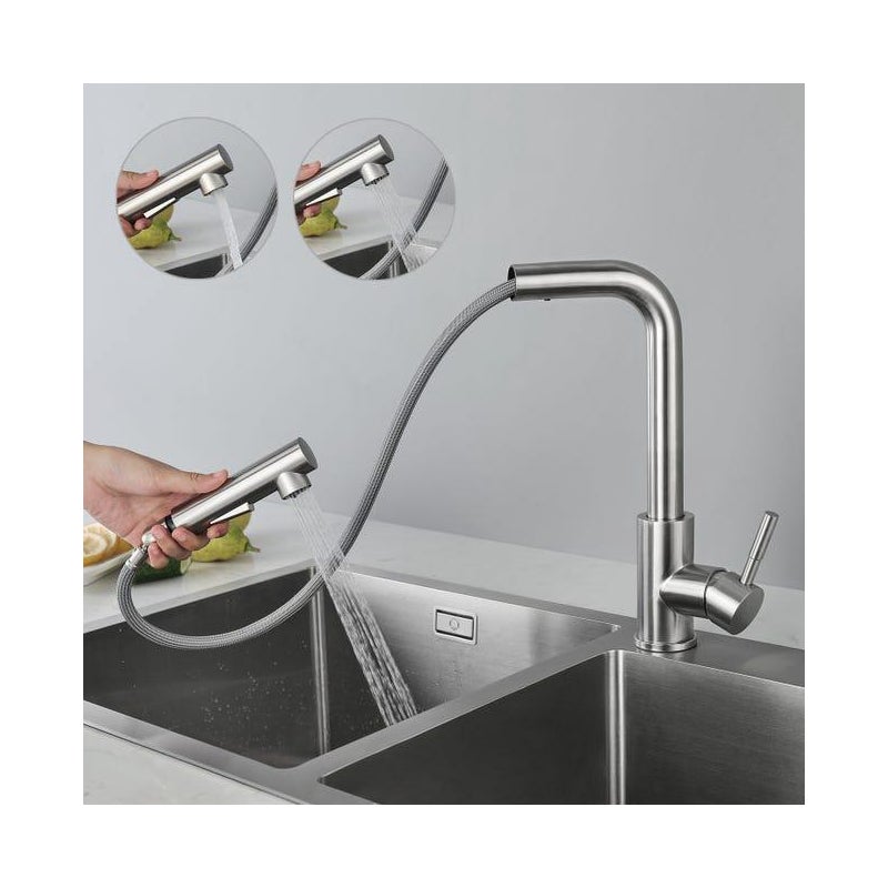 Bateria kuchenna z wyciąganą wylewką, obrotowa o 360° z 2 opcjami strumienia, armatura kuchenna ze szczotkowanej stali nierdzewnej wysokiej jakości
