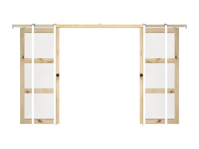 Porte coulissante double avec système à galandage en bois et verre trempé - 3 fenêtres - 2 x H205 x L63 cm - ACOSTA II