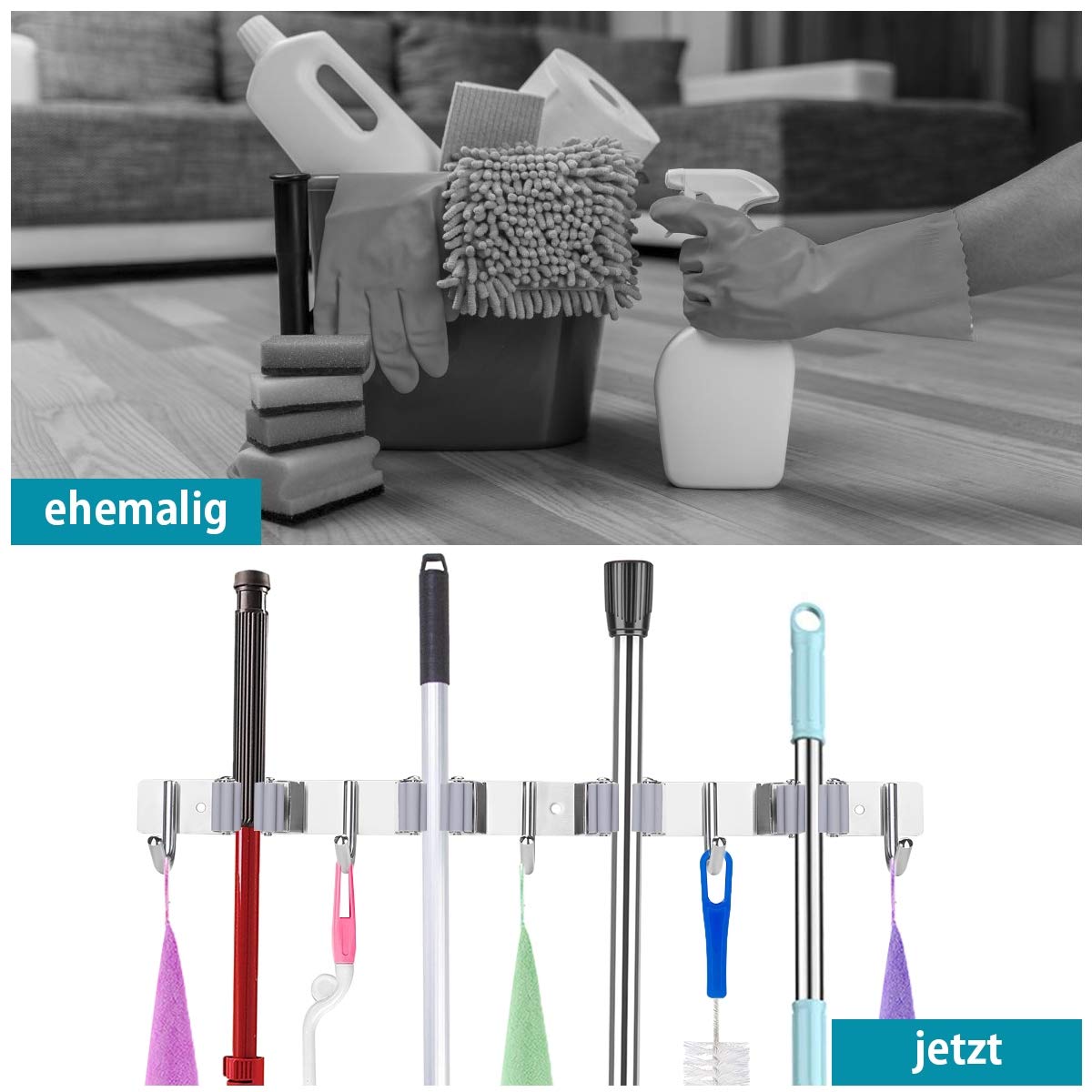 Porte Balai Mural en Acier Inoxydable Accroche Balai Mural avec 4 Emplacements et 5 Crochets pour Cuisine, Salle de Bain, Garage et Jardin, Gris - 5