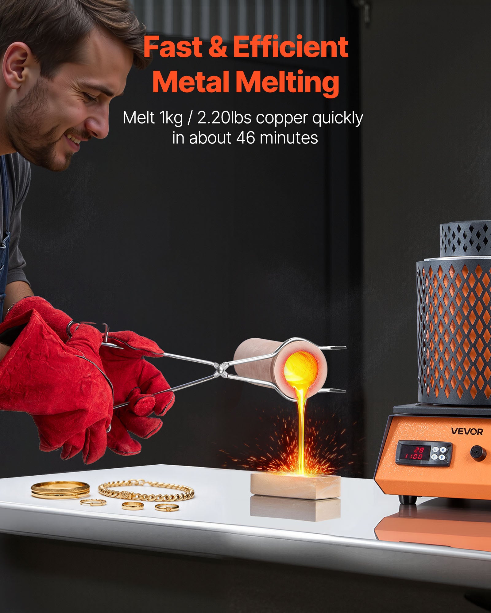 Four De Fusion électrique VEVOR 1500W - Température Max 1150°C Avec Creuset Céramique 5 Kg - Pour Fonte Or, Argent, Cuivre - Atelier Bijoux - 10