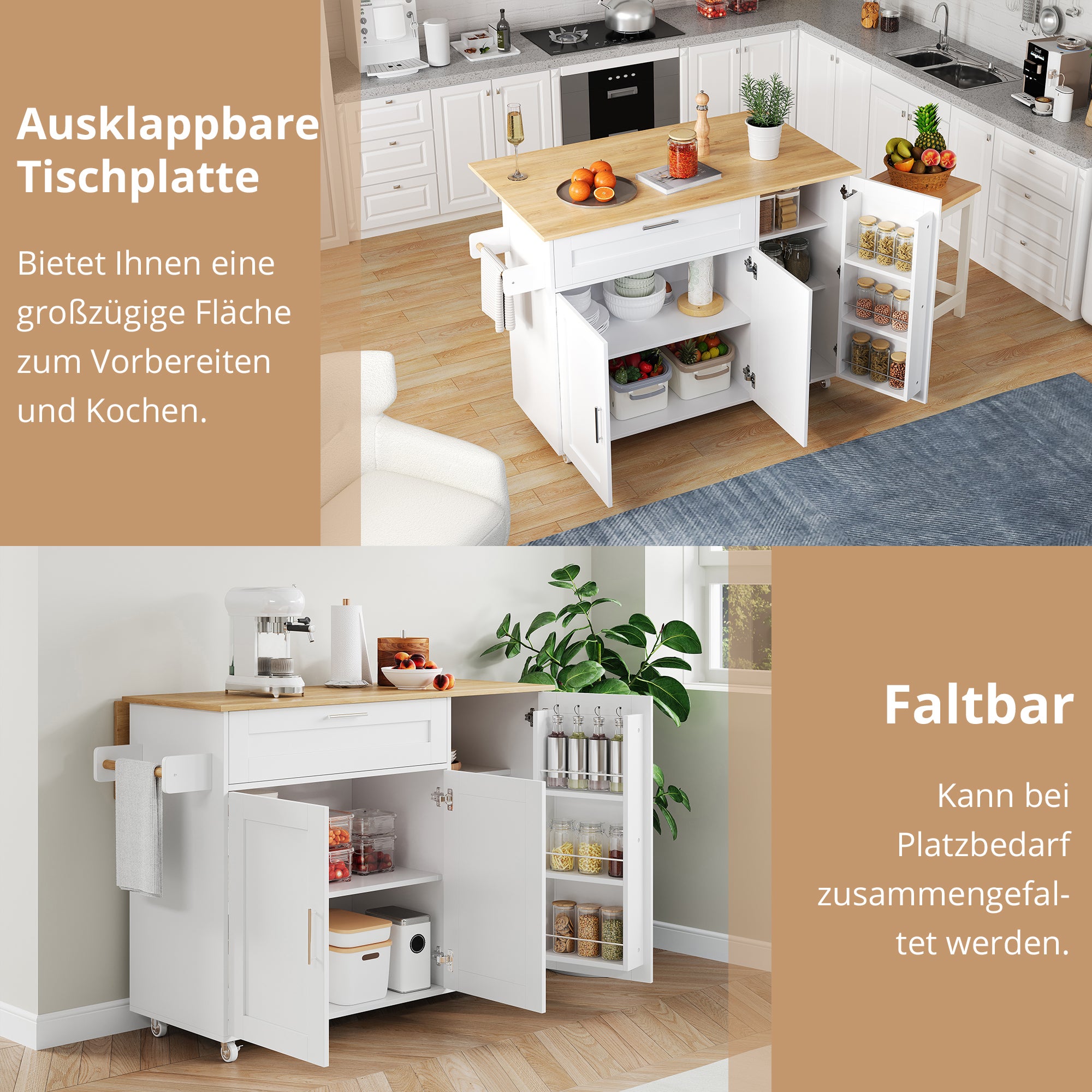 Ilot central de cuisine mobile avec 3 portes et 1 tiroir - Plateau extensible - 132.5x44(70)x90 cm - Bois MDF - Blanc et naturel - 9