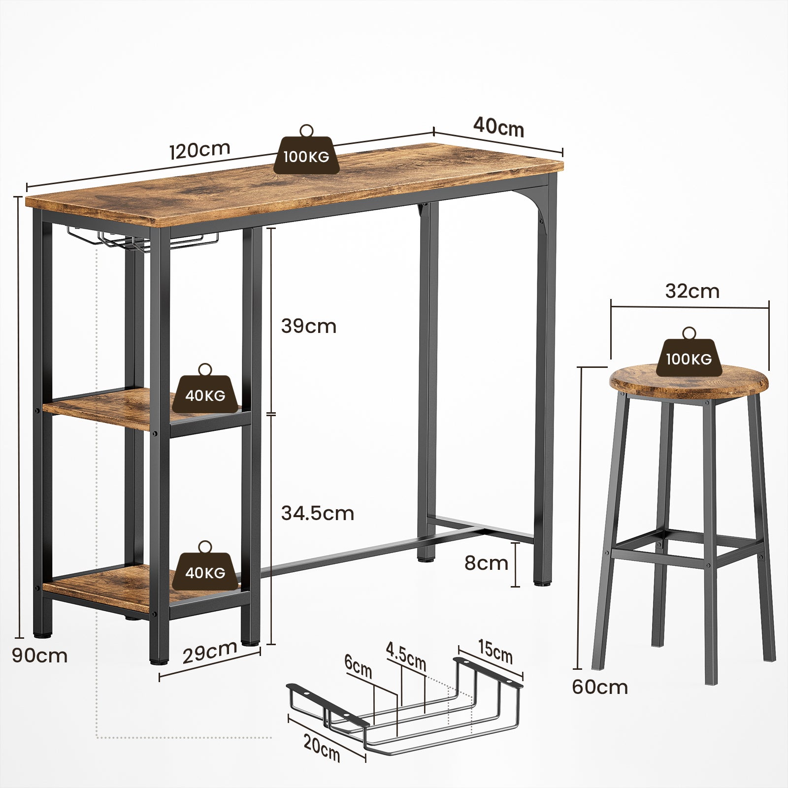Bealife Mesa Alta para Comer em Pé com 2 Taburetes, Mesa de Sala de Jantar, Estrutura de Aço Marrom - 3