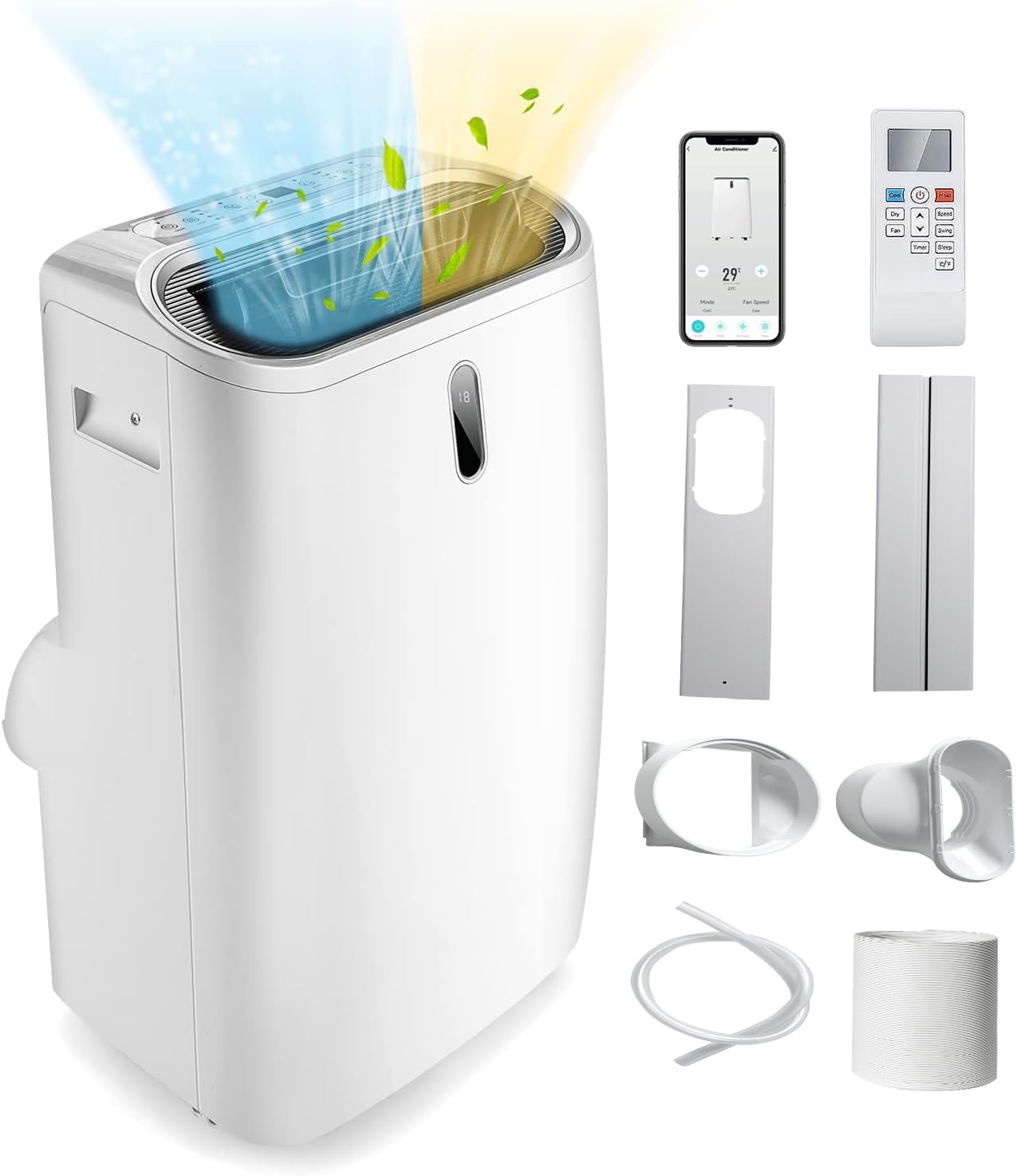 Cichy Klimatyzator Przenośny 5 w 1 o Mocy 16000 BTU, Chłodzenie, Ogrzewanie, Przenośny, Sterowanie Pilotem/Aplikacją, R290, Klasa Energetyczna A