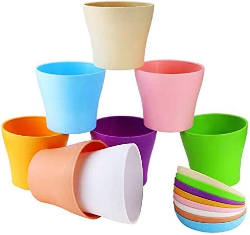 KINGLAKE 8 Pezzi 14cm Colorati vasi in plastica per Fiori, per Interni, per Ufficio e casa con vassoi, Multi