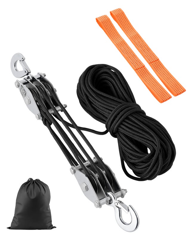 Palan à Poulie VEVOR 30,48 m,Résistance 2 T,Système Poulie 2 Boucles Souples,Rapport Levage 5:1,Structure Métal,Soulever Objets Lourds