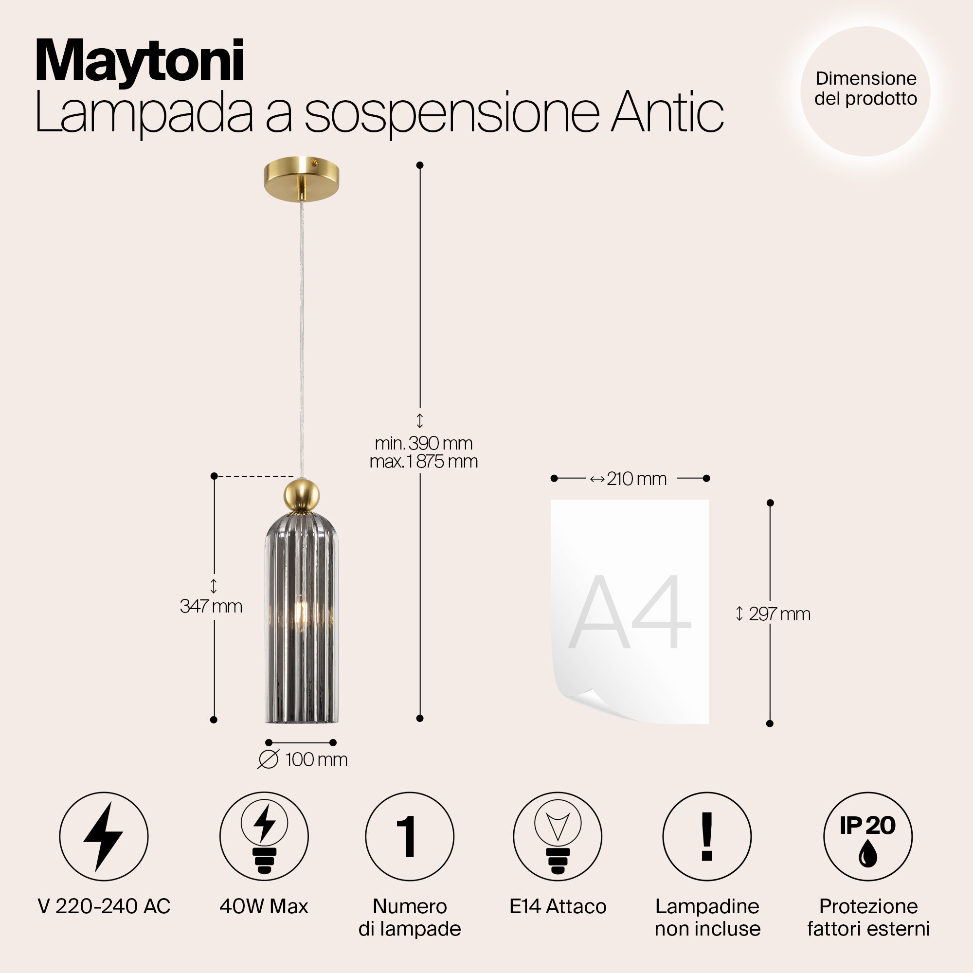 Antic Lampe à suspension , Armature métallique . Plafonniers en verre coulé. laiton Maytoni - 2