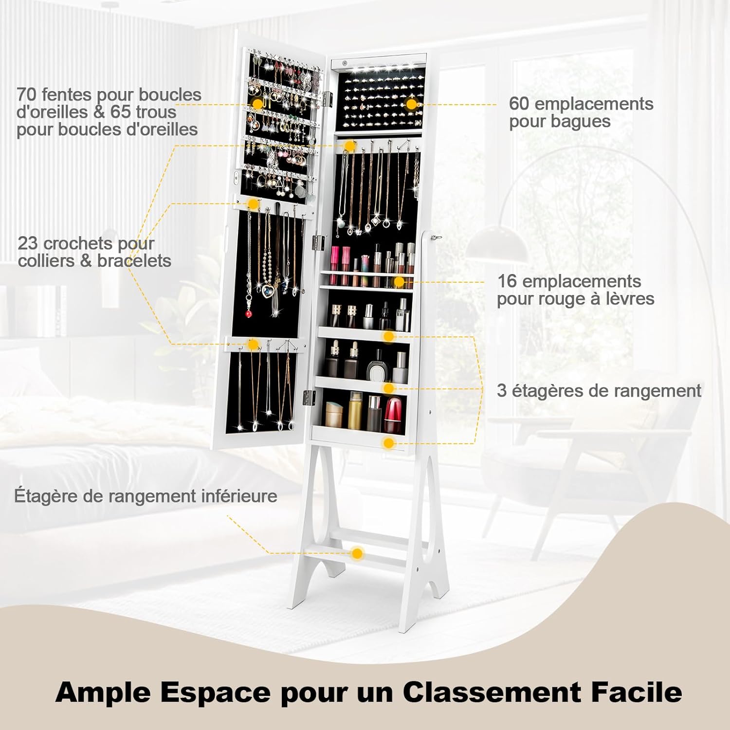 Armoire à Bijoux sur Pied avec Lumières LED et Miroir,avec Miroir Plein Longueur sur le Miroir,Organisateur d'Armoire à Bijoux,3 Etagères (Blanc) - 3