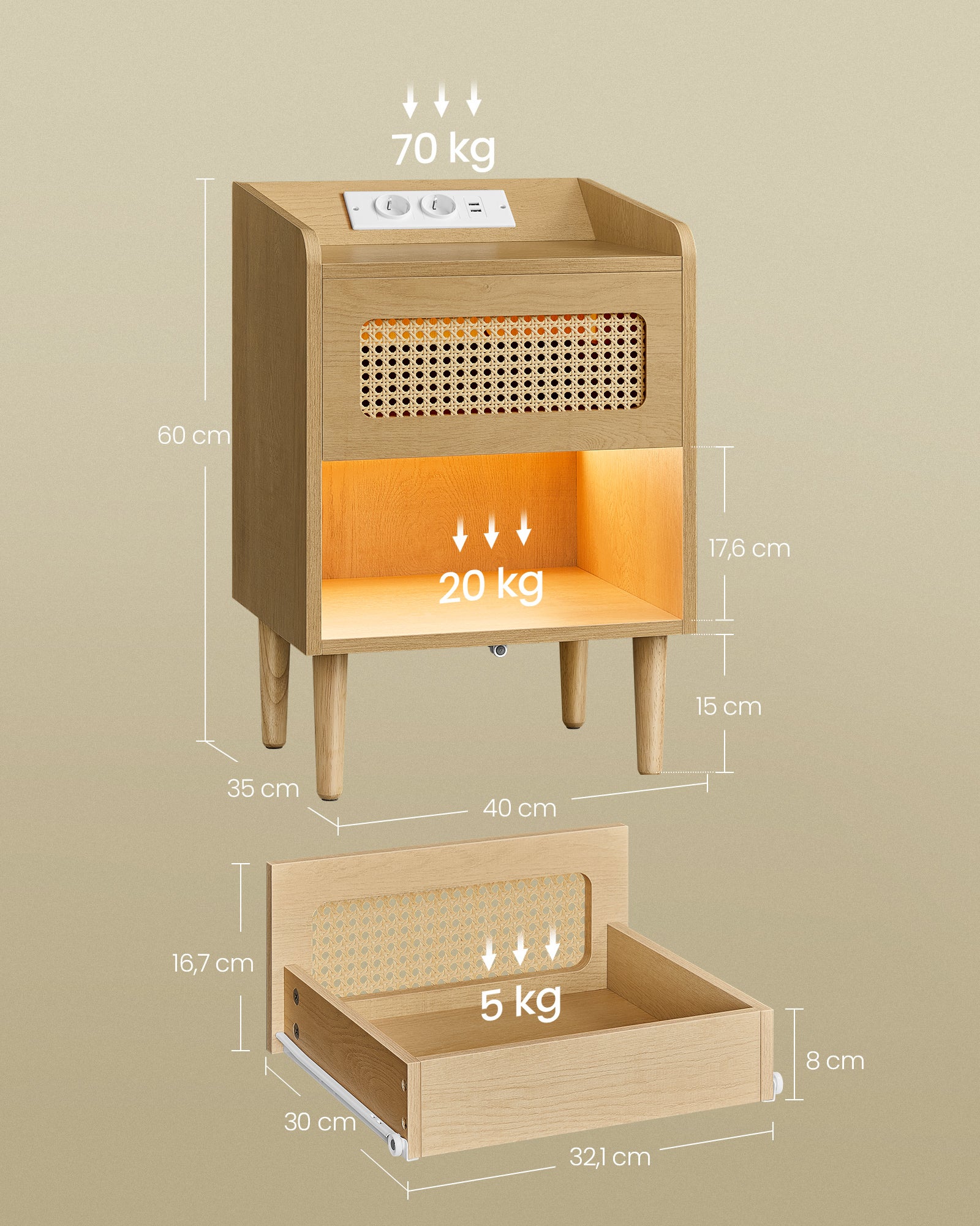 Table de Chevet avec Multiprise, Lot de 2, avec Lumière à Détecteur de Mouvement, Pieds en Bois Massif, Style Bohème, Beige Chêne - 5
