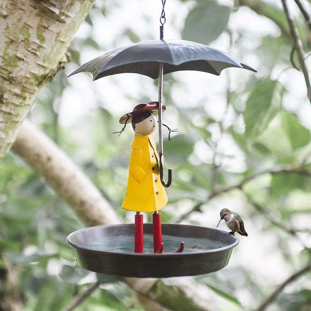 Alimentador decorativo para pássaros de jardim, com um personagem simpático, para pássaros selvagens (pardais-peixinhos) e beija-flores.