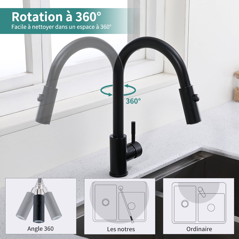 Mitigeur de Cuisine Noir Robinet d'évier avec Douchette Extractible Robinet Cuisine 2 Jets au Choix Pivotant à 360° - 3