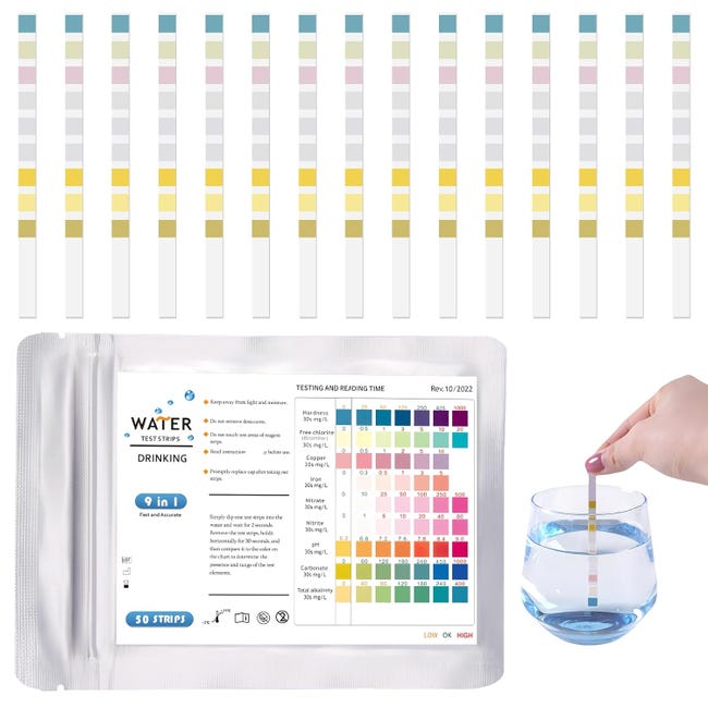 50 szt. pasków testowych 9 w 1 do wody pitnej, paski testowe pH do wody w basenie i spa, paski testowe do basenów do analizy pH, azotynów, chloru i t