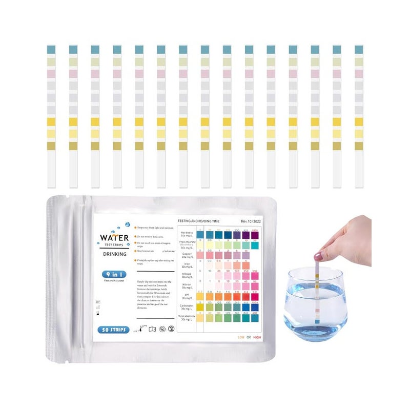 50 szt. pasków testowych 9 w 1 do wody pitnej, paski testowe pH do wody w basenie i spa, paski testowe do basenów do analizy pH, azotynów, chloru i t